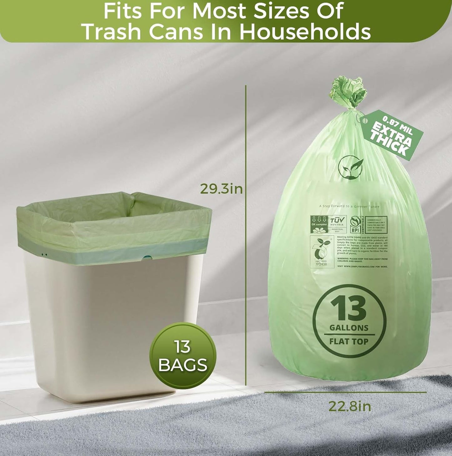 13 Gallon Compostable Trash Bags with Flat-Top, Thick 0.87 Mil, 49.21 Liter, 50 Bags, Tall Kitchen