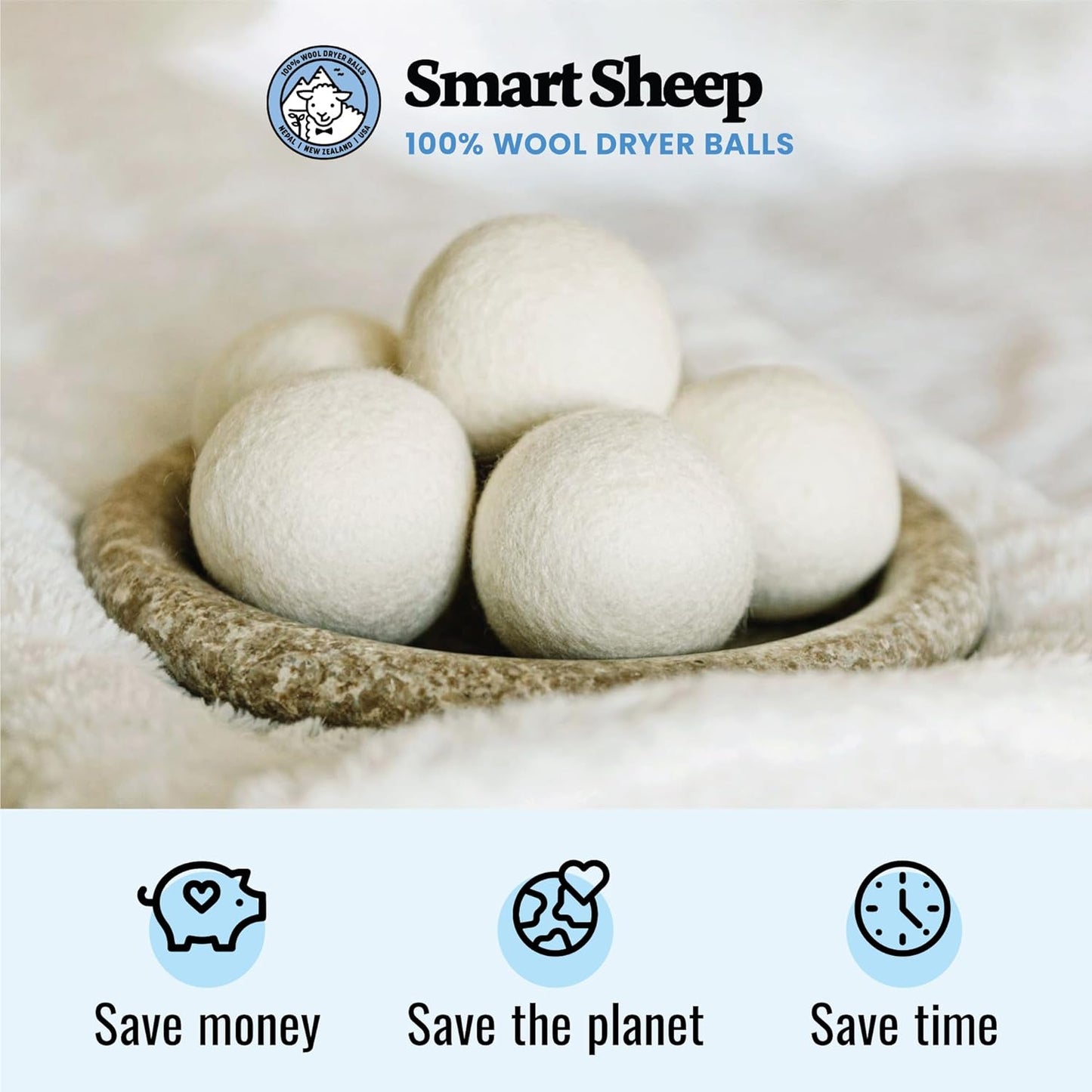 Smart Sheep Wool Dryer Balls - 6-Pack - XL Premium Natural Fabric Softener Award-Winning - Wool