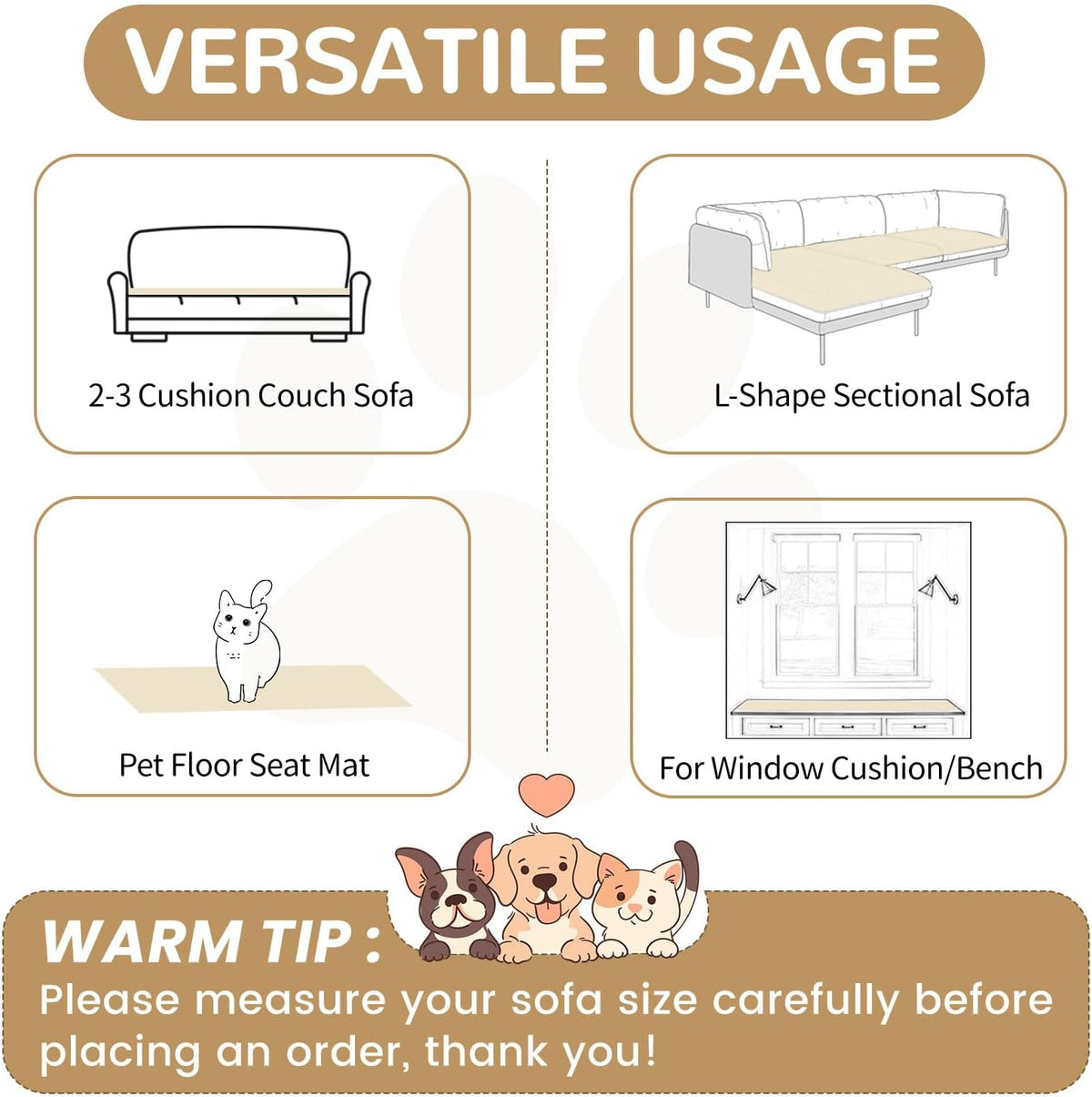 OTOB Dog Couch Covers for 3 Cushion Washable Non Slip Plush Pet Friendly Bed Mat Sofa Cover for