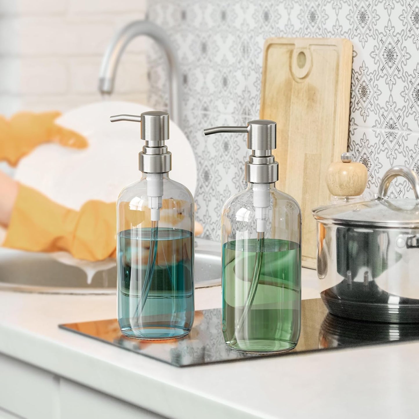 AmazerBath Soap Dispenser, 2 Pack Glass Soap Dispenser with Pump Stainless Steel, 17 Oz Hand Soap