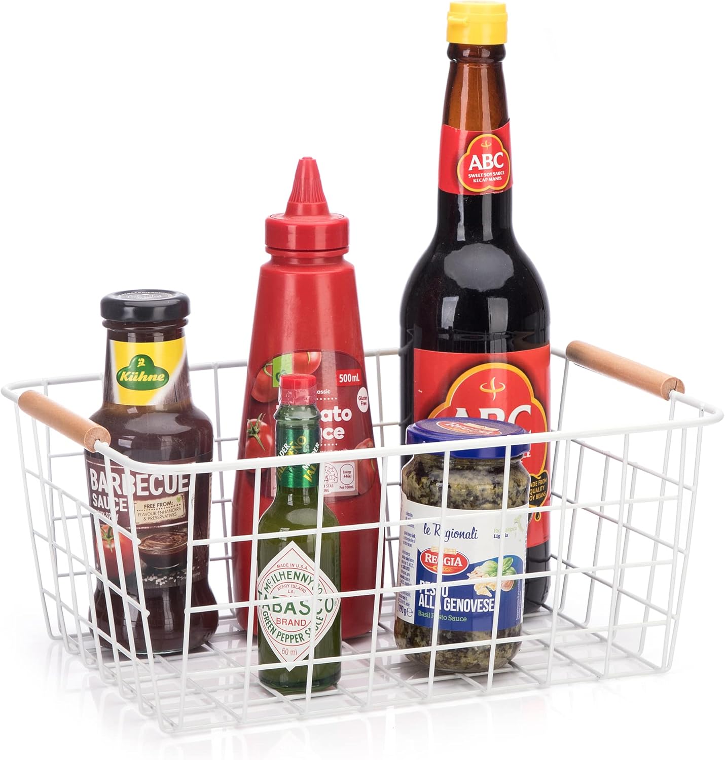 Metal Wire Food Storage Basket Organizer with Wooden Handles for Organizing Kitchen Cabinets, 2