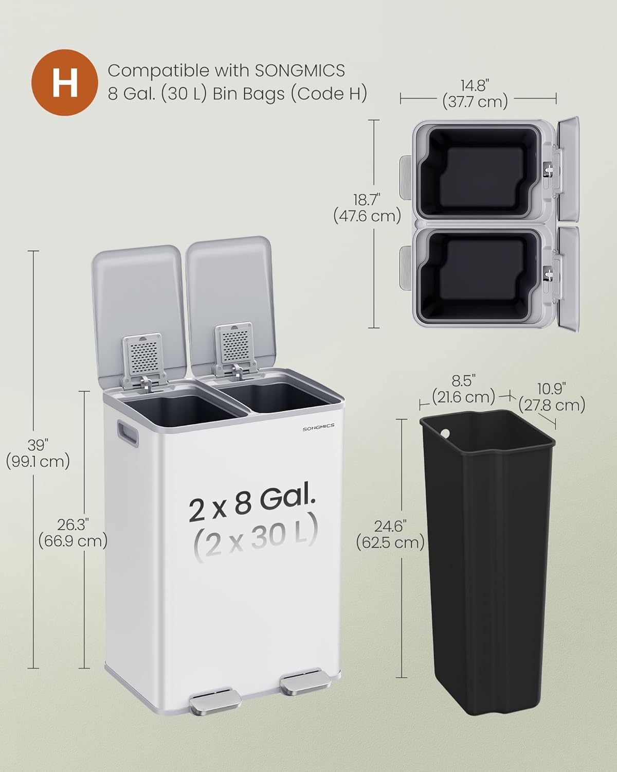 SONGMICS Trash Can, 2 x 8 Gallon (2 x 30 L) Dual-Compartment Garbage Can with Soft-Close Lid, Pedal