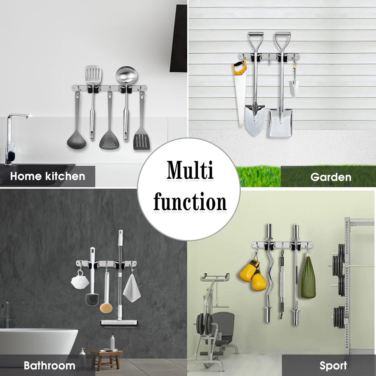 2 Racks and 3 Hooks Broom and Mop Holder Wall Mounted Garage Organizer Storage Tool Racks Stainless