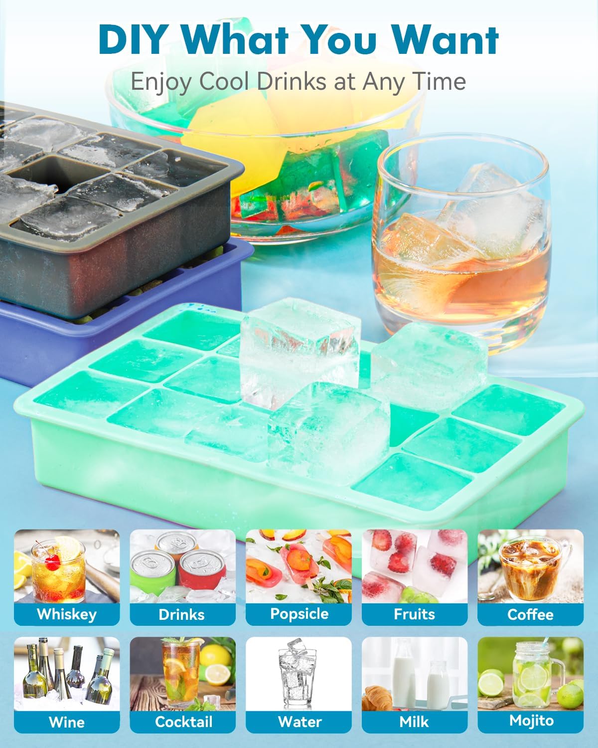 Silicone Ice Cube Trays for Freezer 2 Pack, Easy Release Square Ice Cubes Mold, Best Rubber Ice
