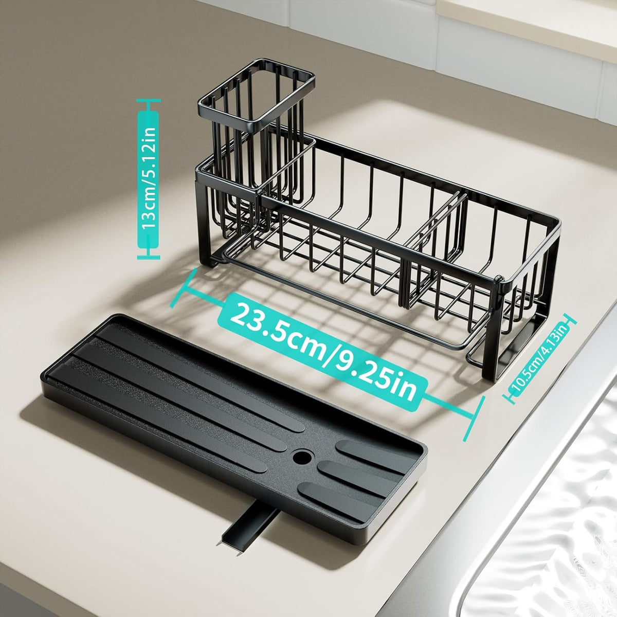 HapiRm Sponge Holder for Kitchen Sink - Self-draining Sink Caddy with Brush and Dishcloth Holders