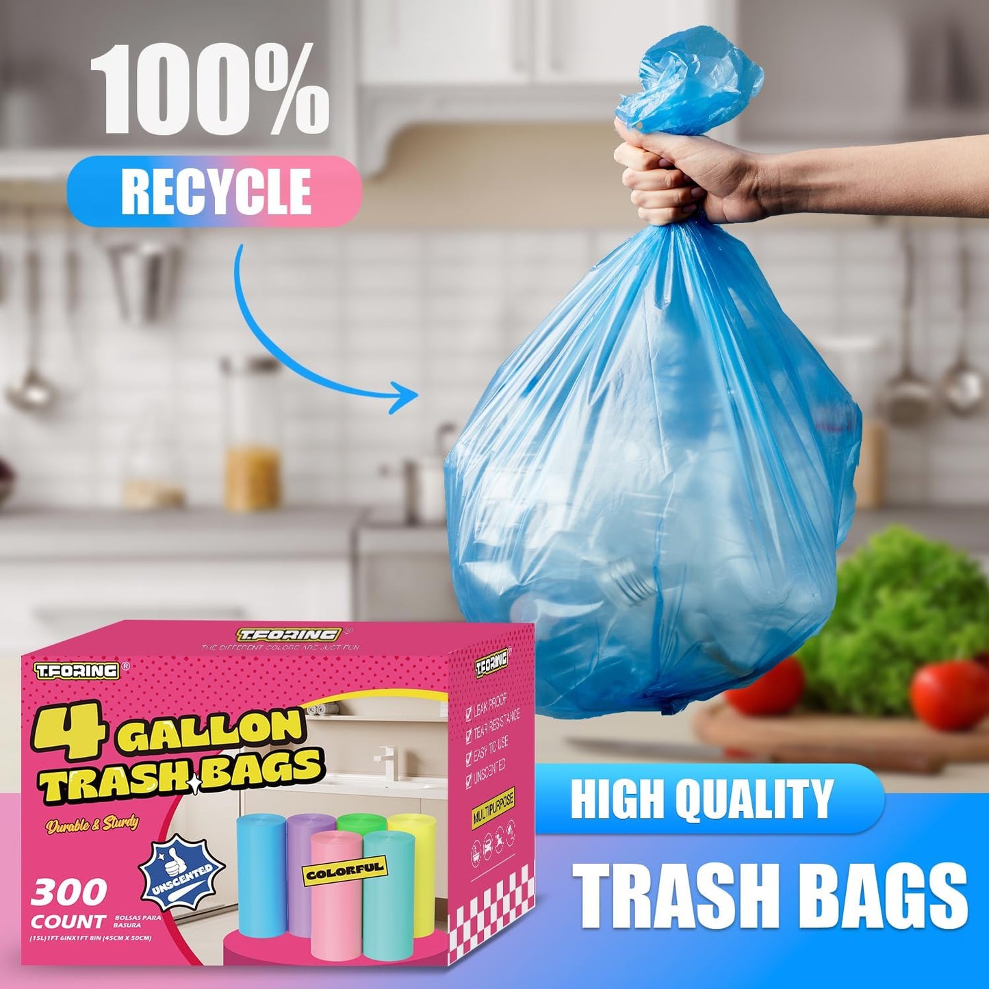 300 Count 4 Gallon Small Trash Bags - 15 Liter Colored Garbage Bags Unscented Wastebasket Liners
