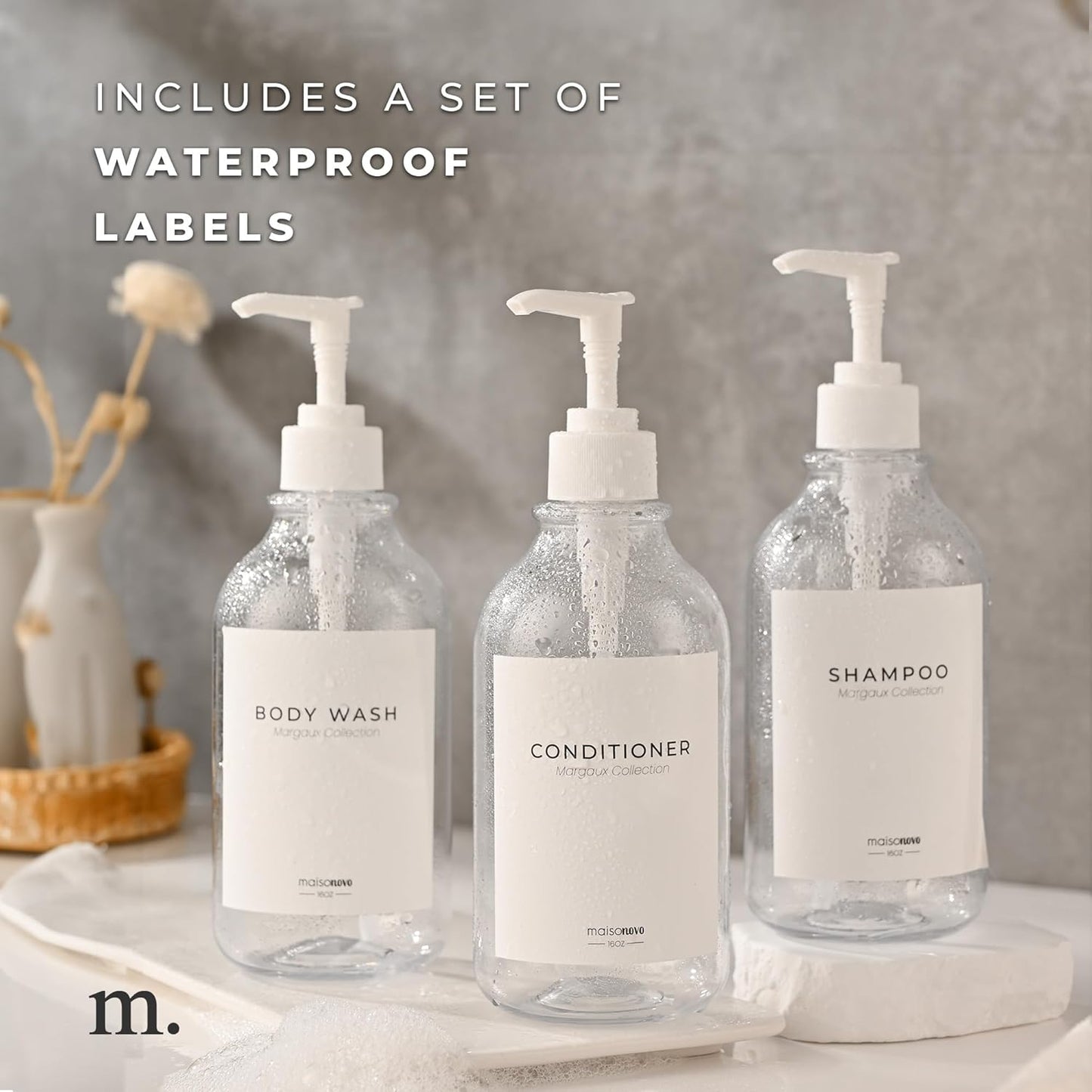 MaisoNovo Refillable Shampoo and Conditioner Bottles | 16.9 fl oz Set of 3 Clear Plastic Bottles