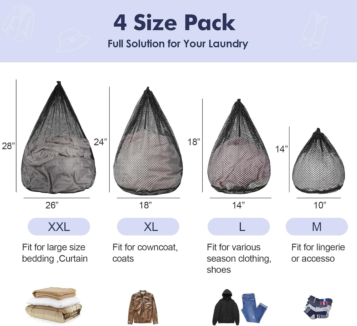 4Pcs Mesh Laundry Bags Washing Machine Mesh Wash Bags Jumbo for Delicates Clothes,Bed Linen,Toys