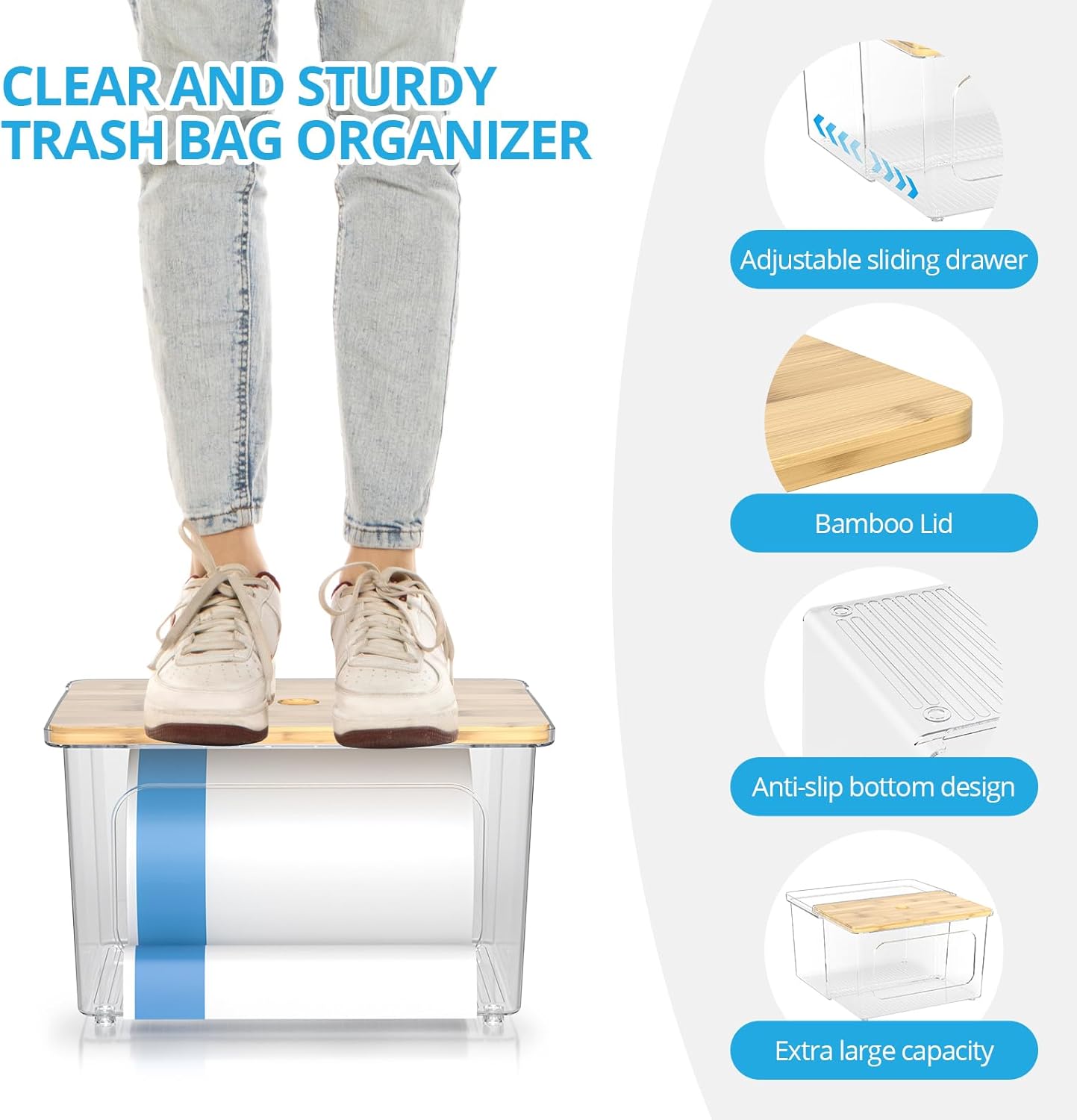 Trash Bag Dispenser Roll Holder - Clear Garbage Bag Holder Dispenser with Bamboo Lid and Sliding