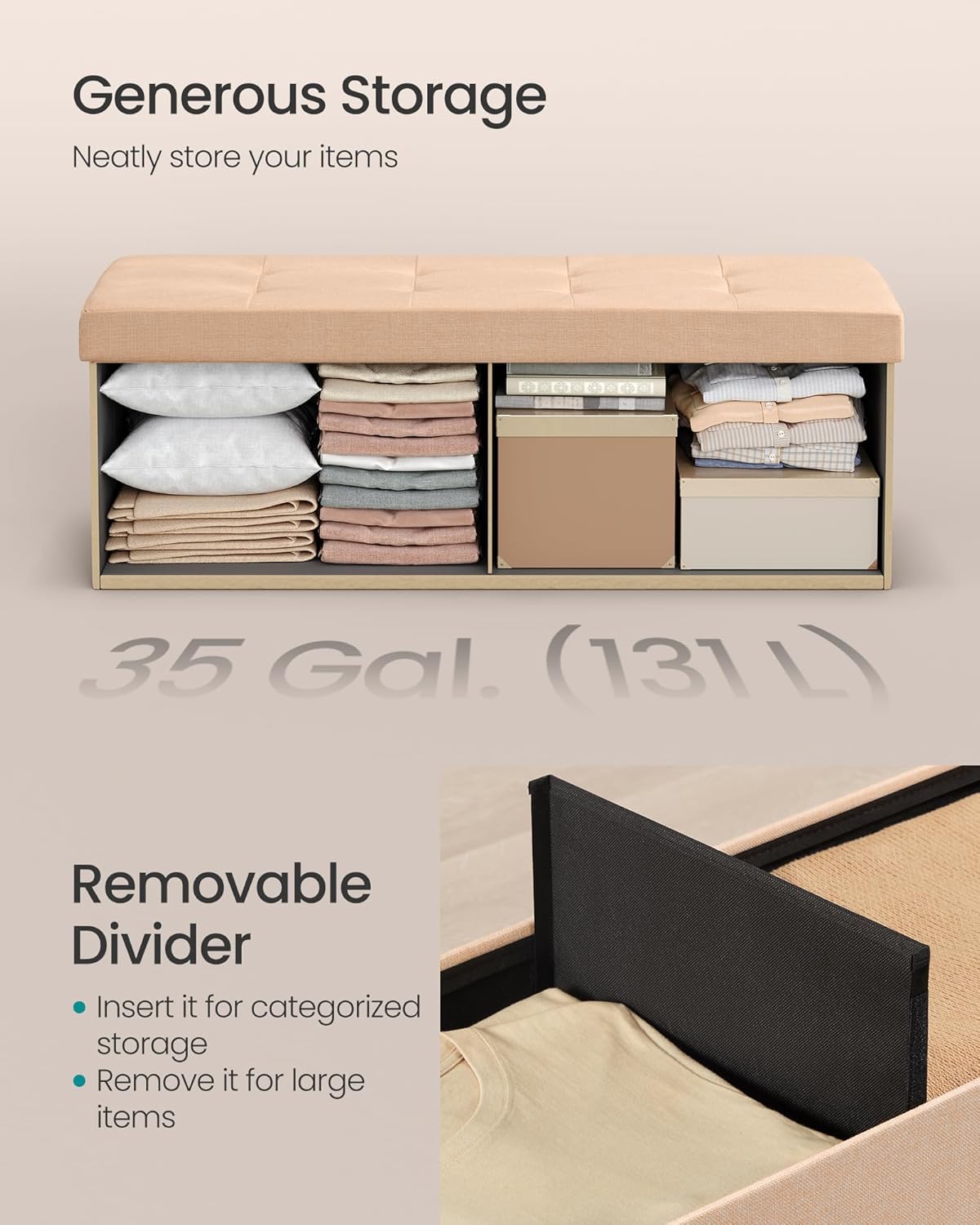 SONGMICS Mazie Collection - Storage Ottoman Bench, 43 Inches Folding Foot Rest Stool, End of Bed