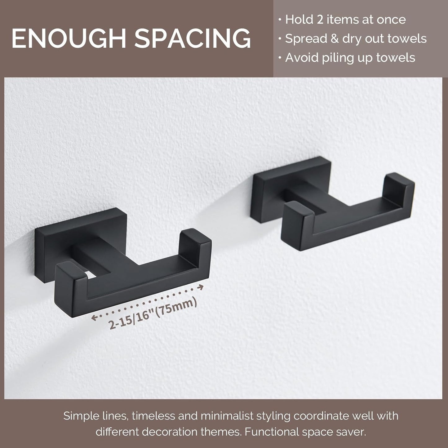 Angle Simple Bathroom Towel Hooks, Stainless Steel Shower Double Robe Coat Hooks for Wall, Matte