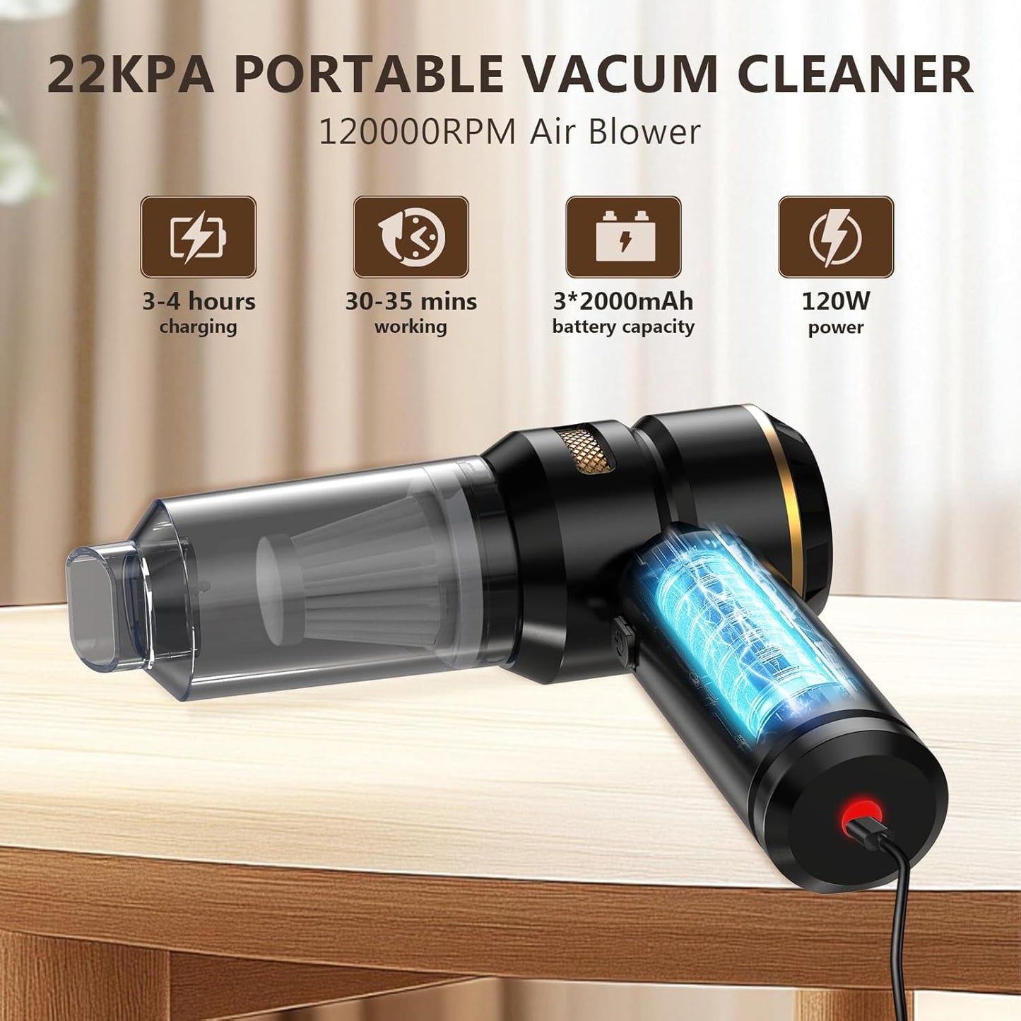 Handheld Vacuum Cordless 22000PA High Power Car Vacuum Cleaner with Brushless Motor 4-in-1 Portable