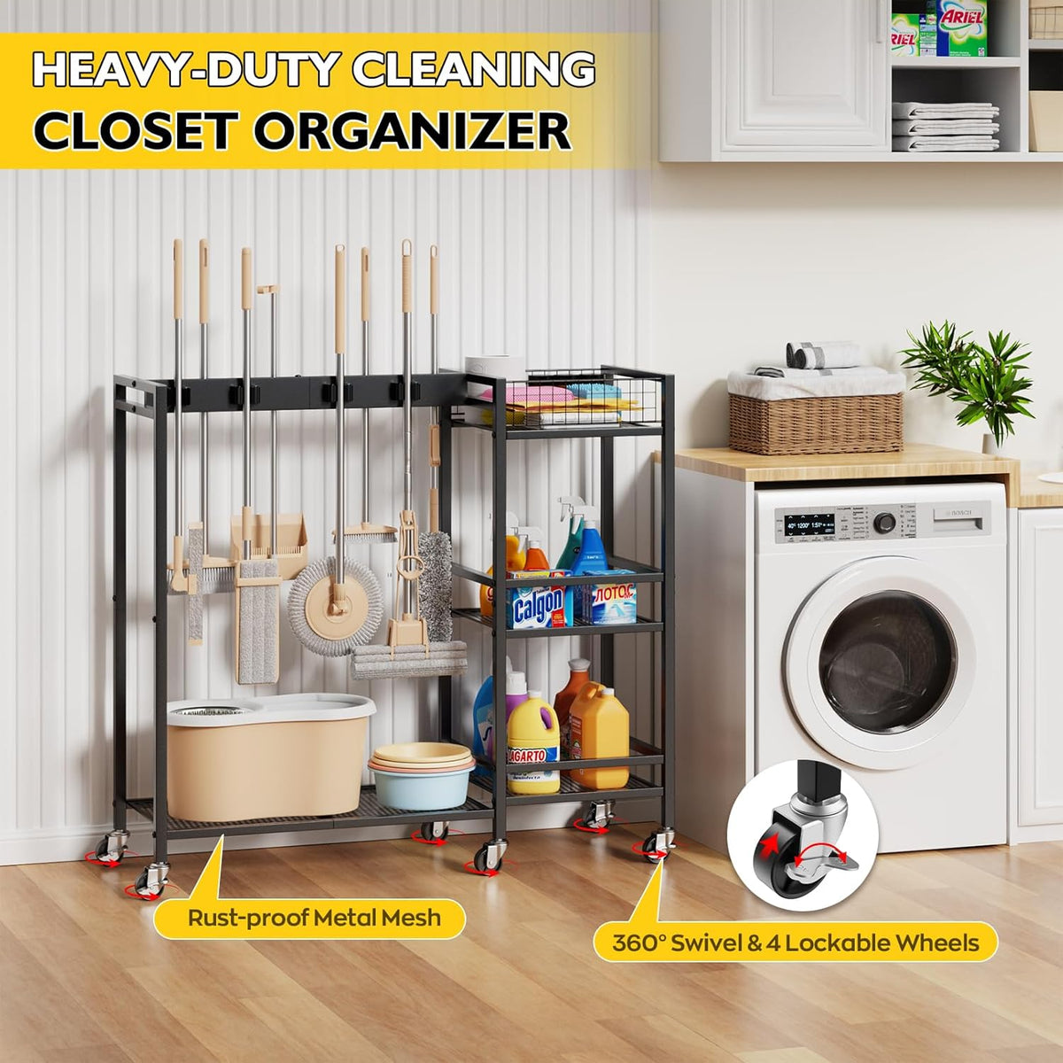 Broom Holder with Cleaning Supplies Organizer, Movable Broom Closet Storage Cabinet with Cleaning