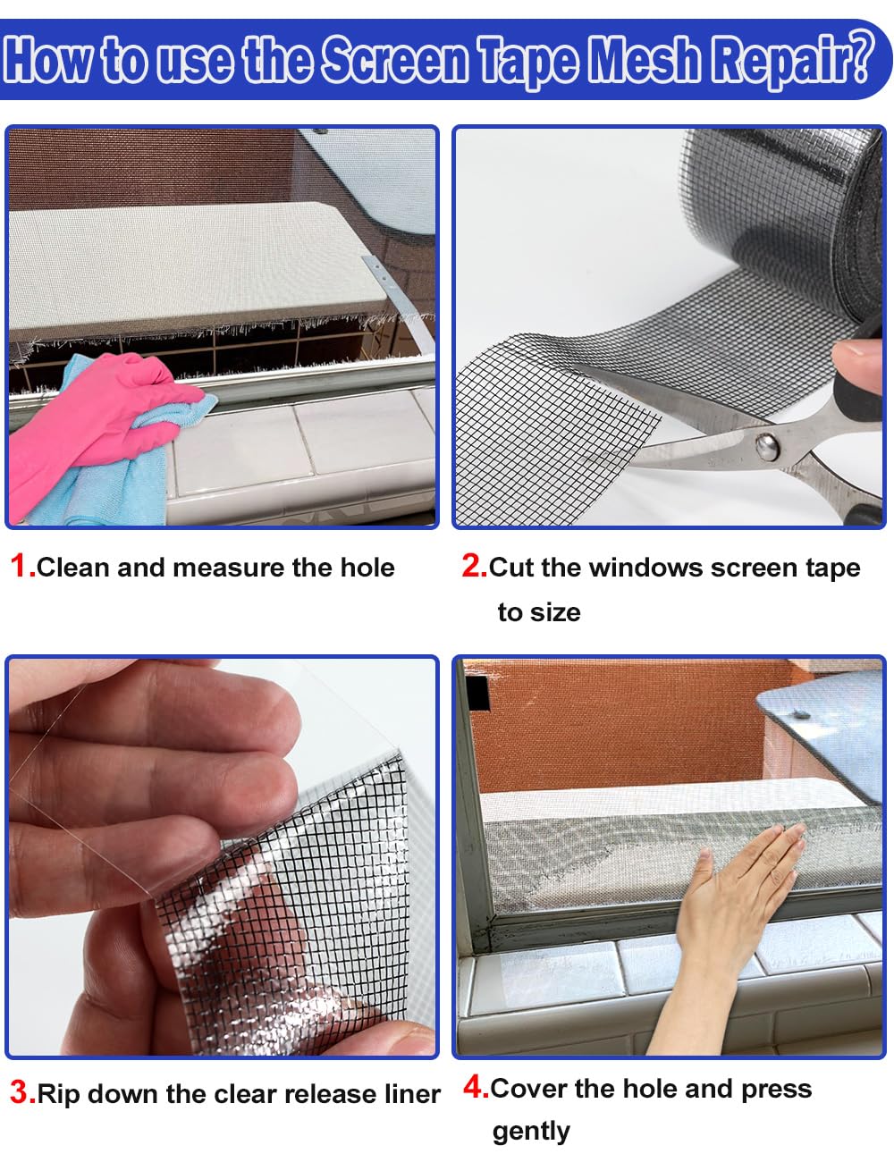wohohoho Window Screen Repair Tape, 2 in X 40 FT (480IN) Gray Screen Patch Repair Kit, 3-Layer