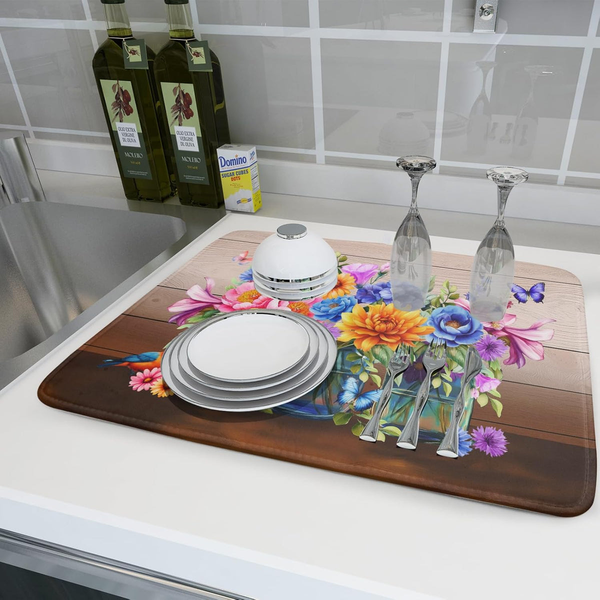 Spring Flowers Dish Drying Mat for Kitchen Counter 18x24in Vintage Plants Colorful Floral Kitchen