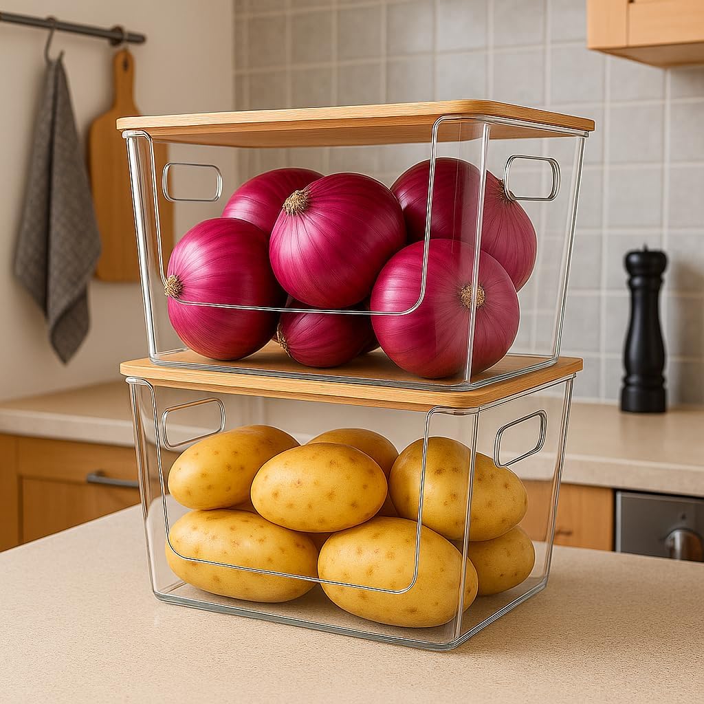 6 Pack Clear Stackable Storage Bins with Bamboo Lids, Plastic Storage Containers with Handle for