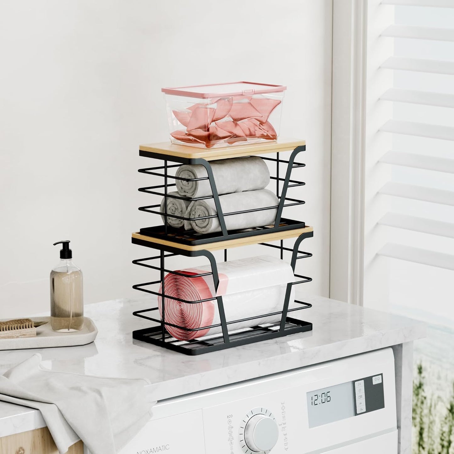 2 Pack Stackable Storage Laundry Kitchen Organizers, Wall Mount Trash Bag Holder with Bamboo Top