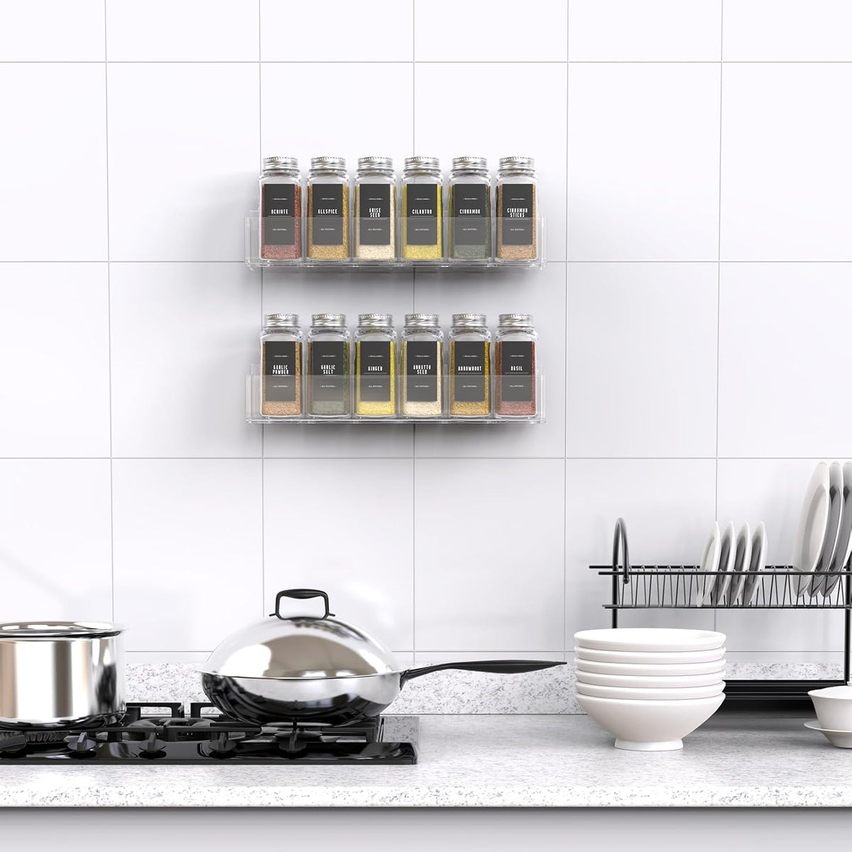 PMMASTO Adhesive Acrylic Spice Rack Organizer with 12 Empty Square Spice Jars, 238 Spice Labels