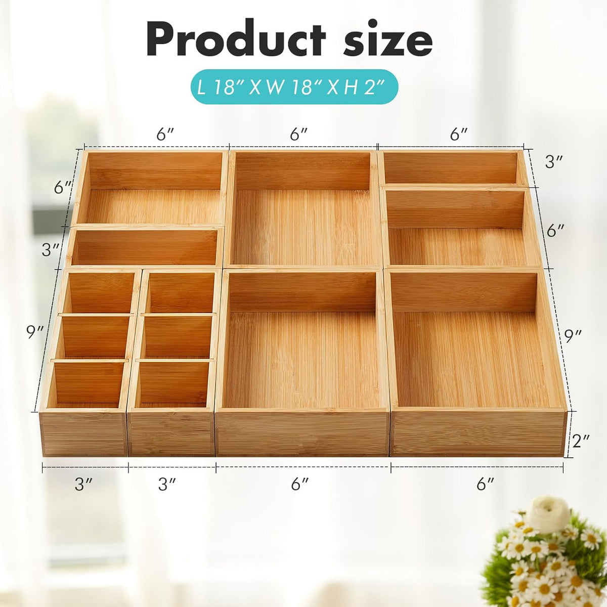 Fabsome Drawer Organizer, Set of 9 Bamboo Wood Kitchen Makeup Desk Junk Tea Drawer Storage Boxes