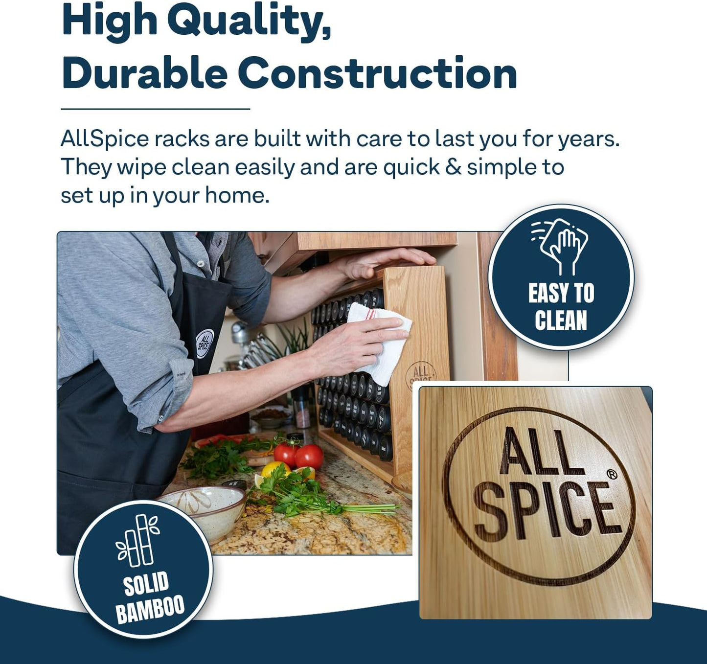 AllSpice Spice Rack Organizer, Wood, 525 Unique Labels, Countertop or Wall Mount, Includes 60 4oz