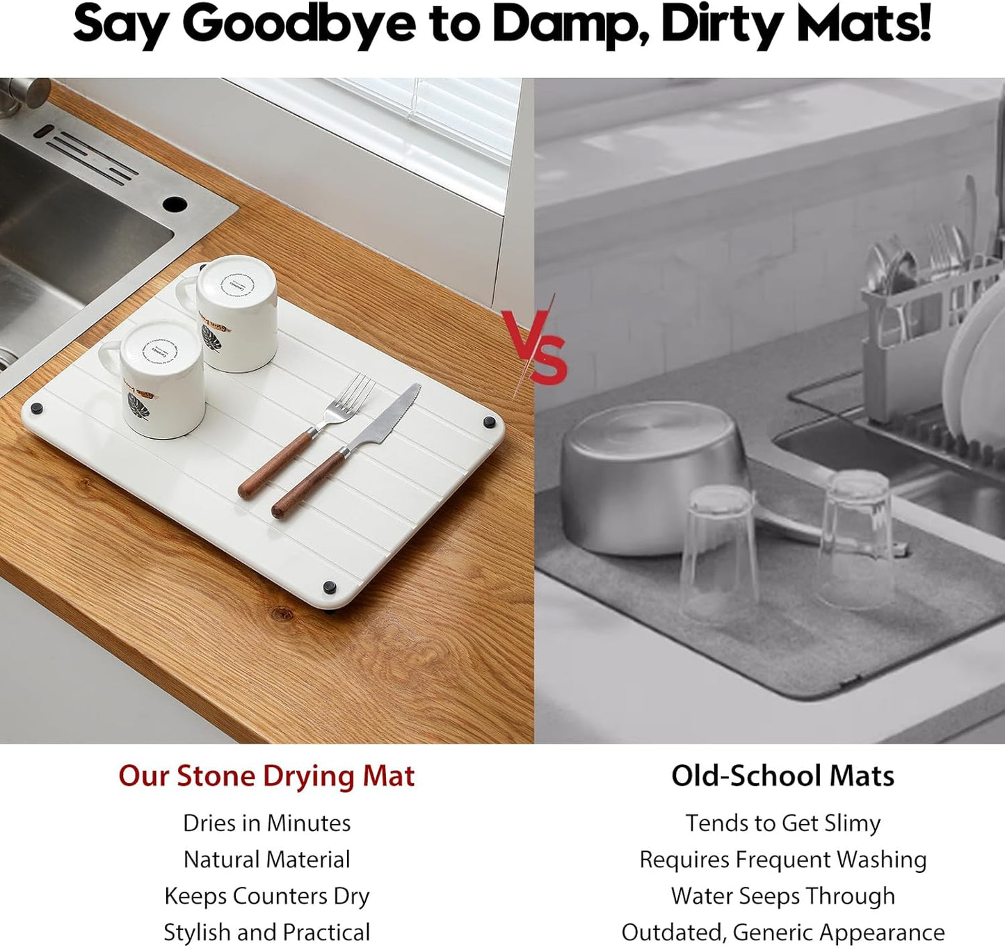 Stone Dish Drying Mat for Kitchen Counter, Water Absorbing Bathroom Tray Sink Organizer
