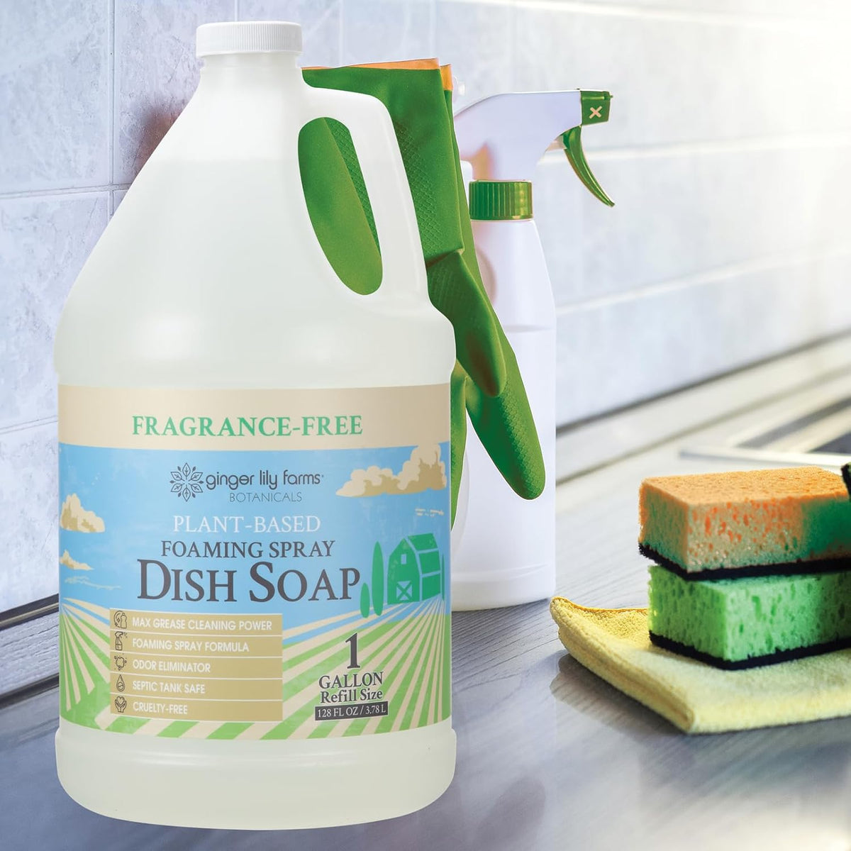 Ginger Lily Farms Botanicals Plant-Based Foaming Spray Dish Soap, Concentrated Formula with Max