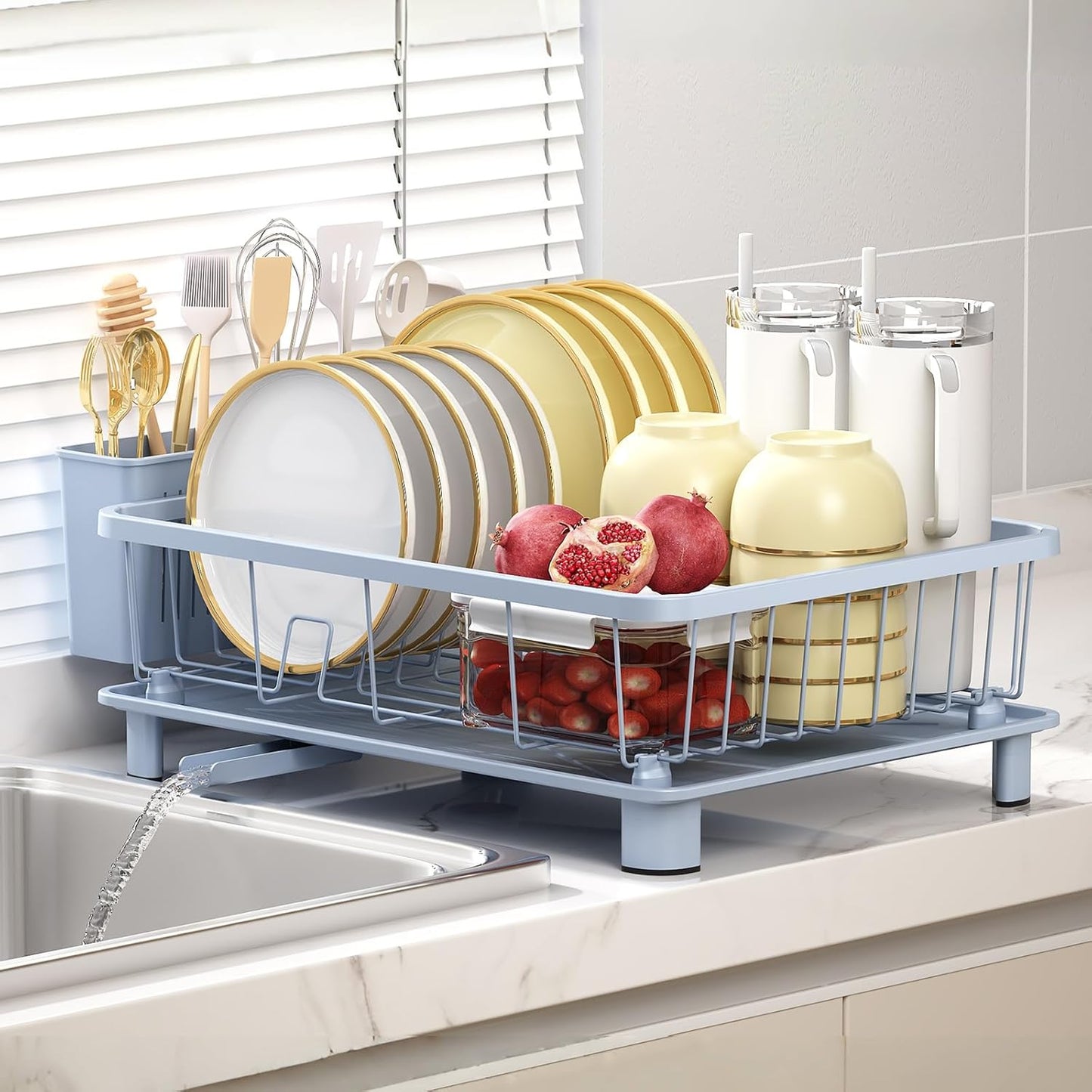 Blue Dish Drying Rack, Dish Rack,Space-Saving Dish Racks for Kitchen Counter with Utensil