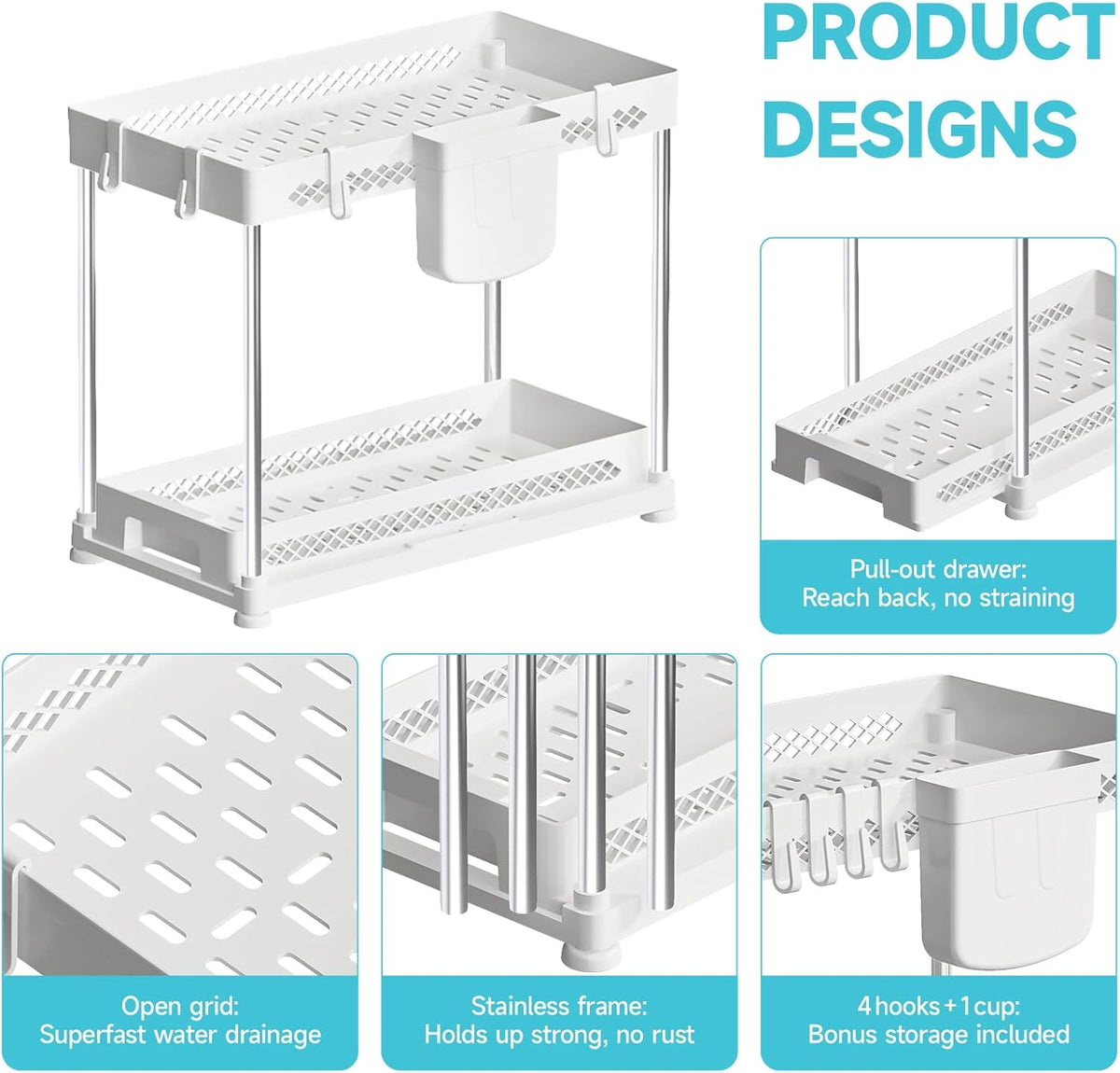 Under Sink Organizer, 2 Tier Pull Out Cabinet Organizer with Hooks Hanging Cup, Easy Installation &