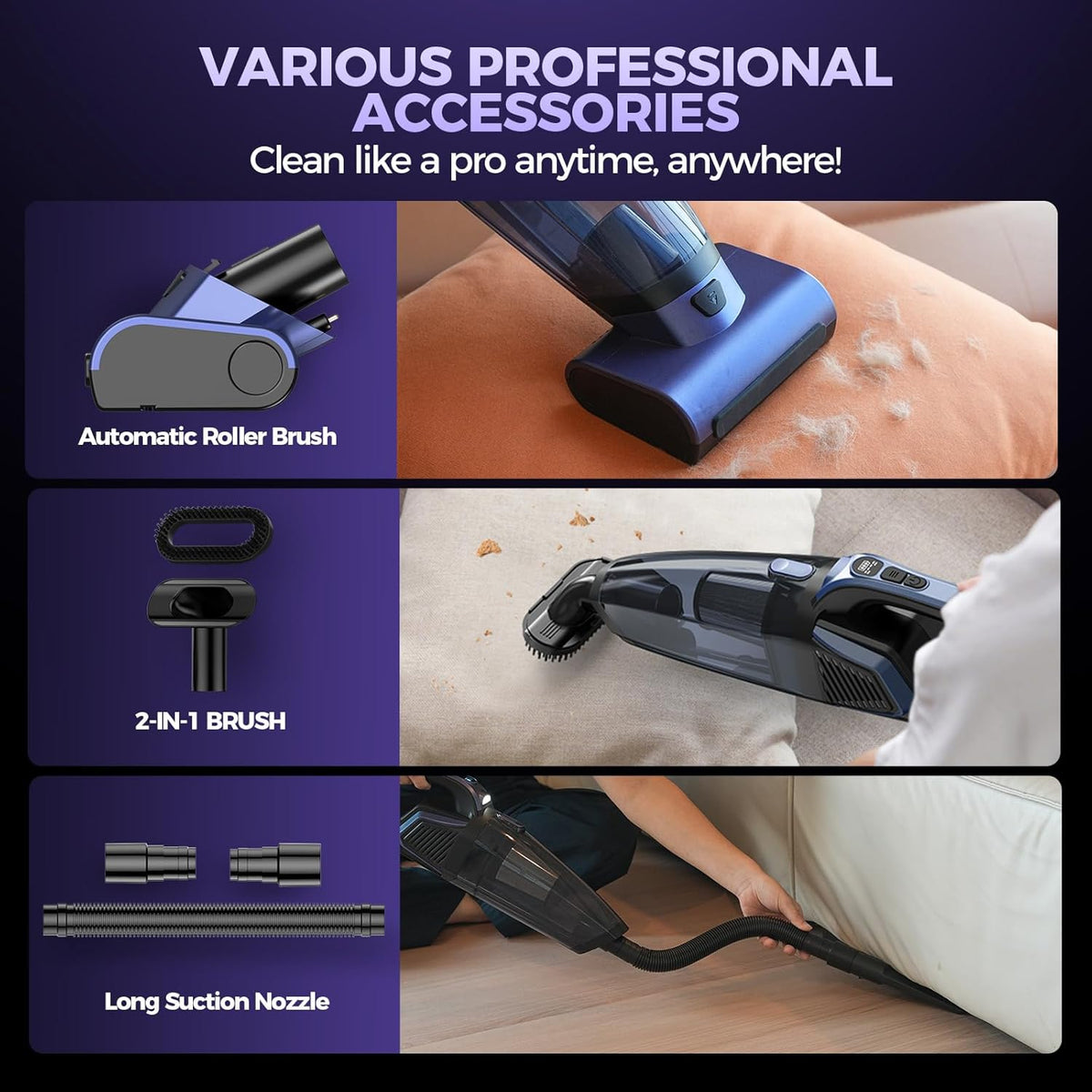 Pet Hair Handheld Vacuum Cordless: 20000PA High Power Car Vacuum with Motorized Brush and LED