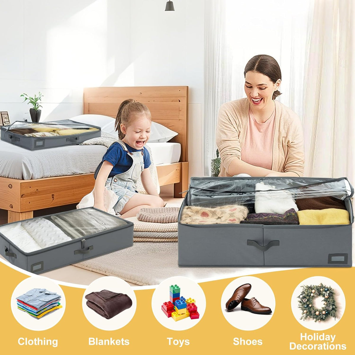 10-Inch Under Bed Storage Containers (3-Pack) | Sturdy Sidewalls | Clear Cover & Label Holder |