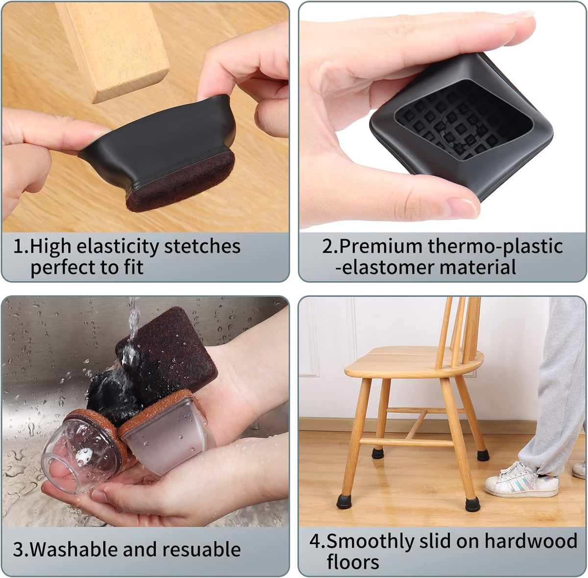 Ezprotekt 24 Pcs Square Chair Leg Floor Protectors for Hardwood Floors, Silicone Felt Furniture