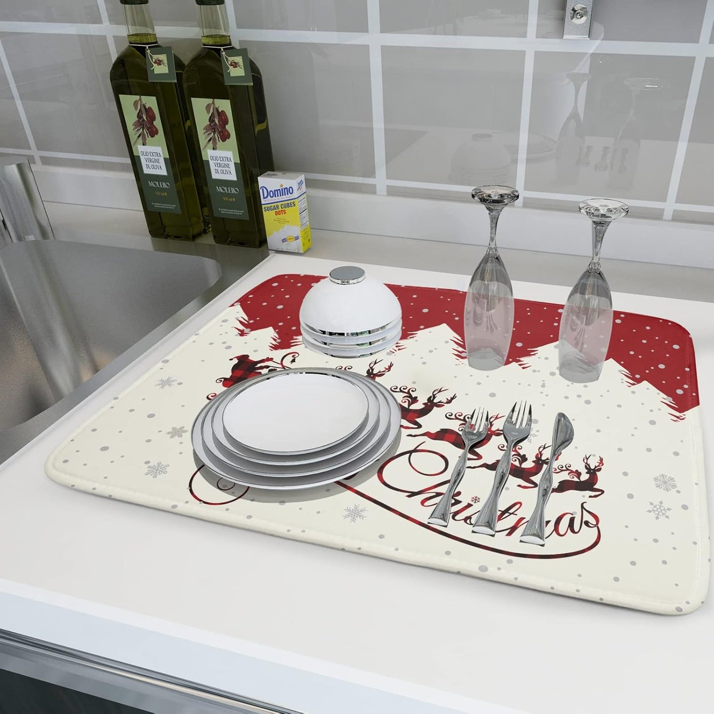 Christmas Moose Dish Drying Mat 18x24 for Winter Santa Claus Kitchen Counter Decor Absorbent