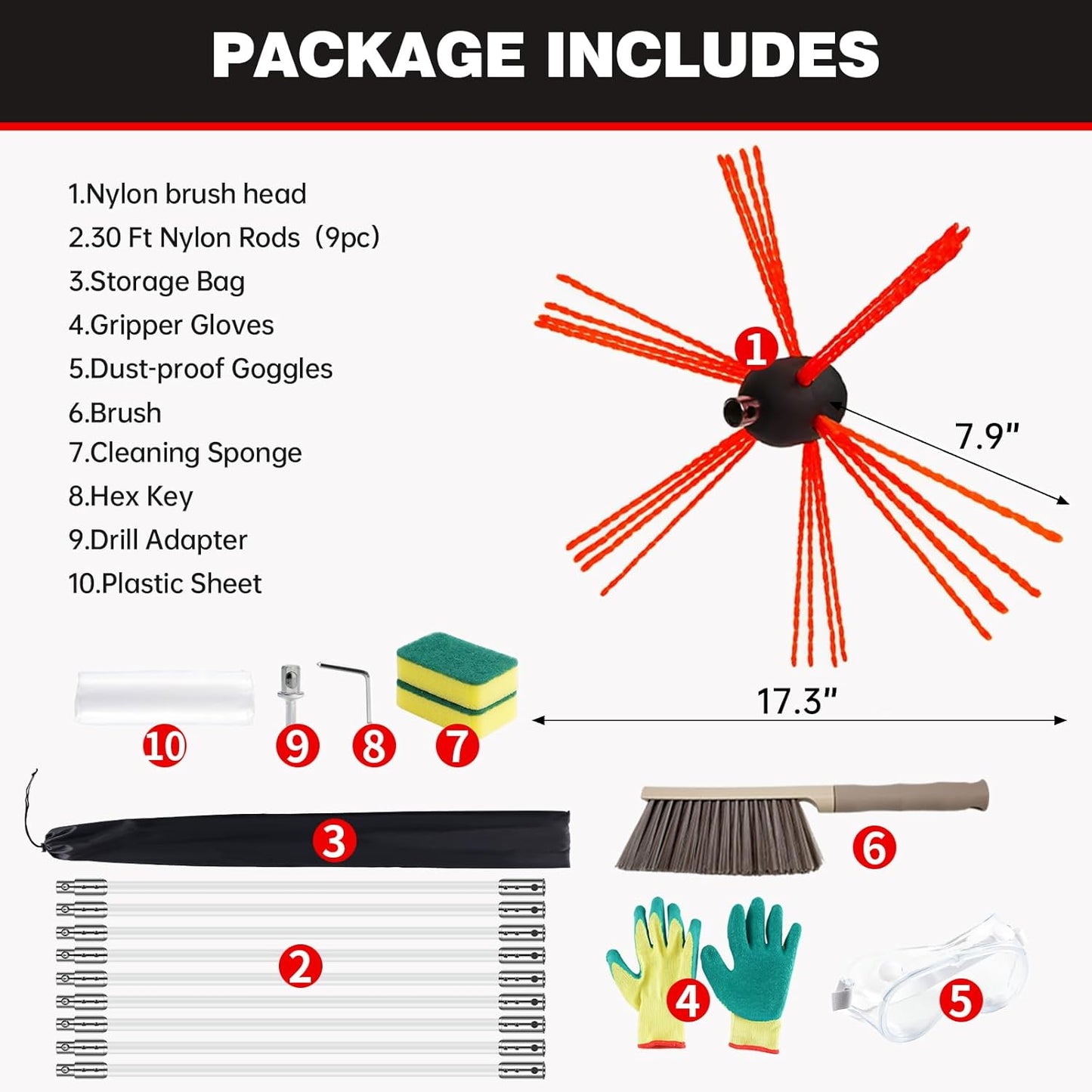 30 Feet Chimney Sweep Kit, Chrome Button Locking System, Chimney Cleaning Kit, Chimney Brush