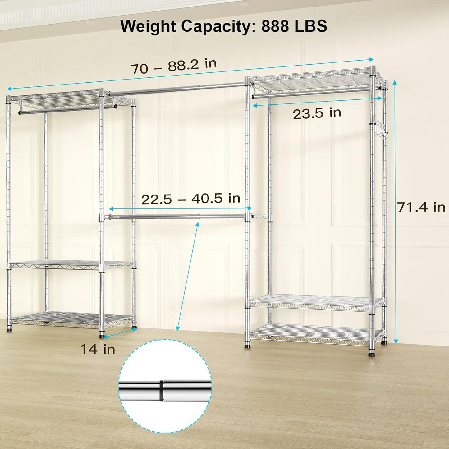 Ulif E1 Heavy Duty Closet Garment Rack, 6 Tiers Adjustable Metal Freestanding Expandable Clothing