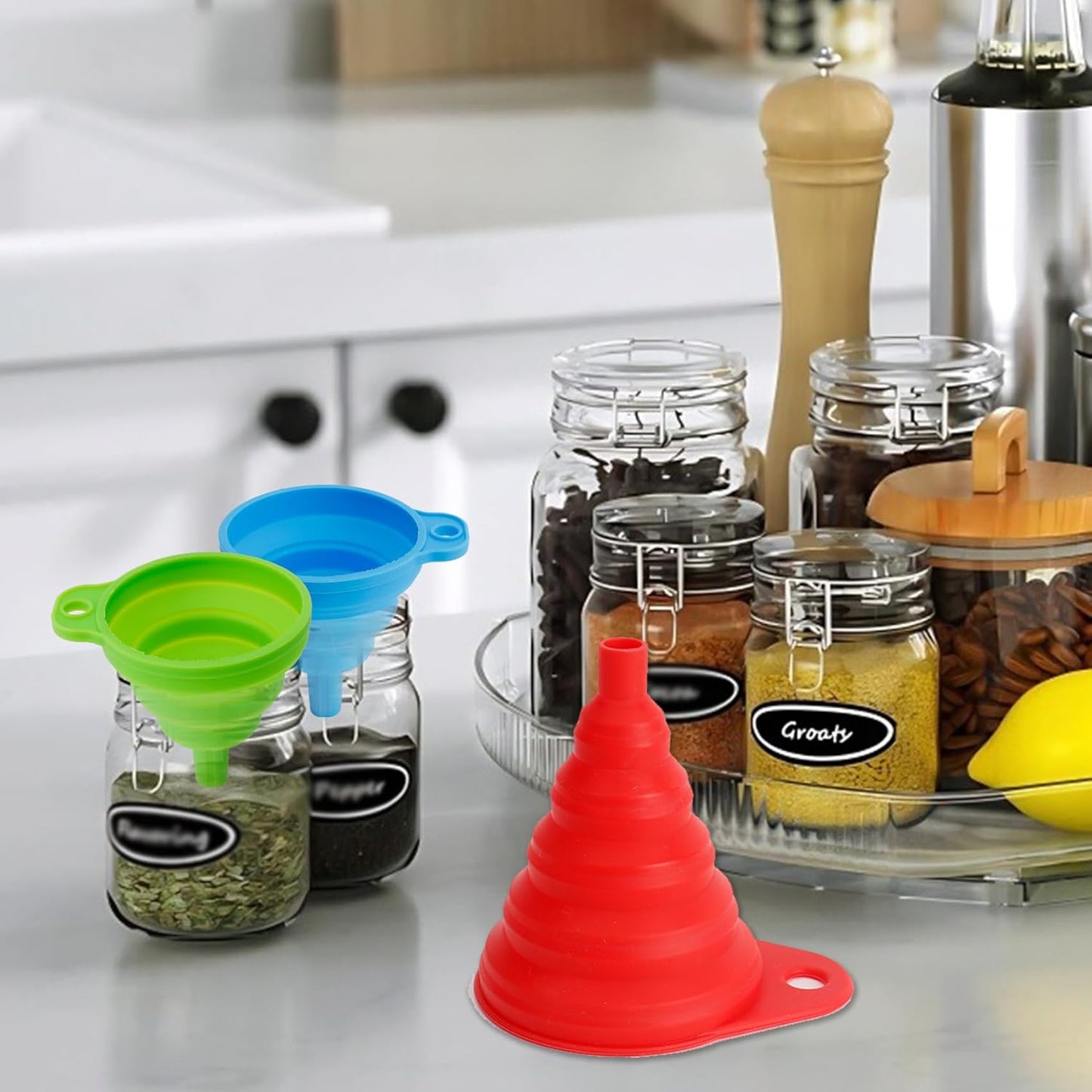 Kitchen Funnel Set of 6, Food Grade Foldable Small and Large Funnel Colorful Silicone Collapsible