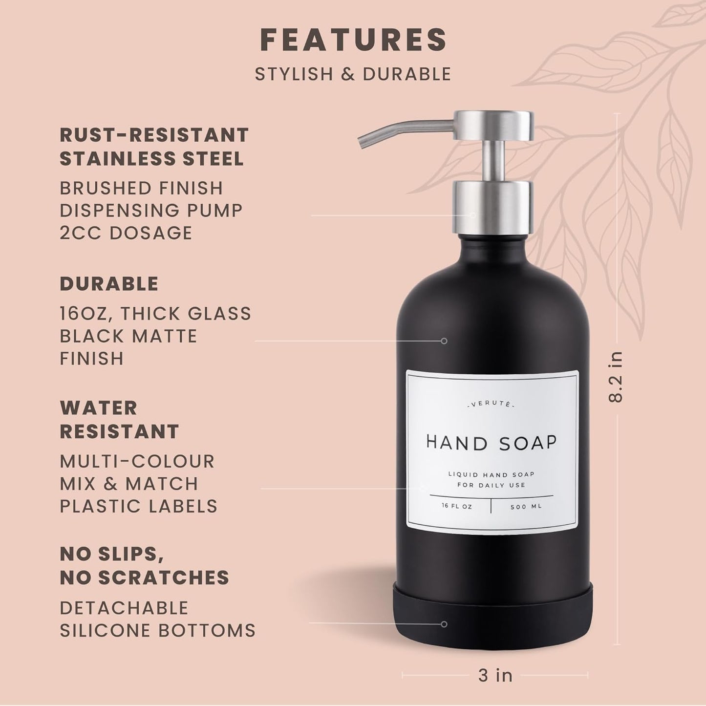 16oz Glass Soap Dispenser with Stainless Steel Pump, 21 Waterproof Labels, Non-Slip Protective