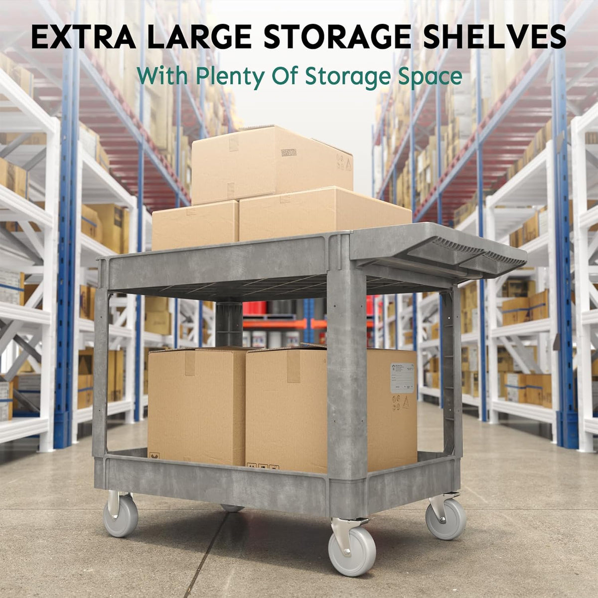 Utility Cart on Wheels, 1000 lbs Capacity Rolling Service Cart, 45 x 25 Inch Work Carts, 2 Shelf