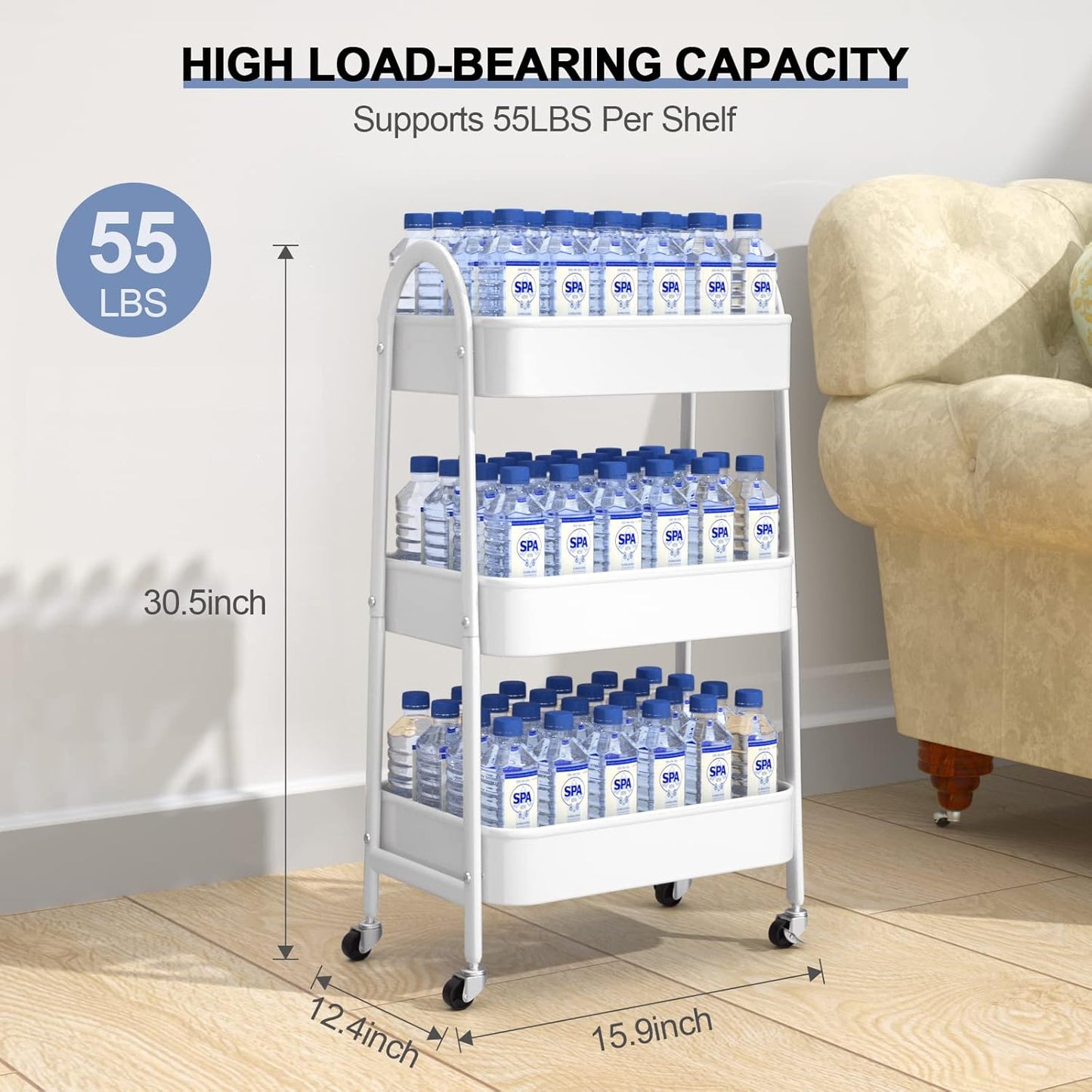 EAGMAK 3 Tier Utility Rolling Cart, Metal Storage Cart with Handle and Lockable Wheels