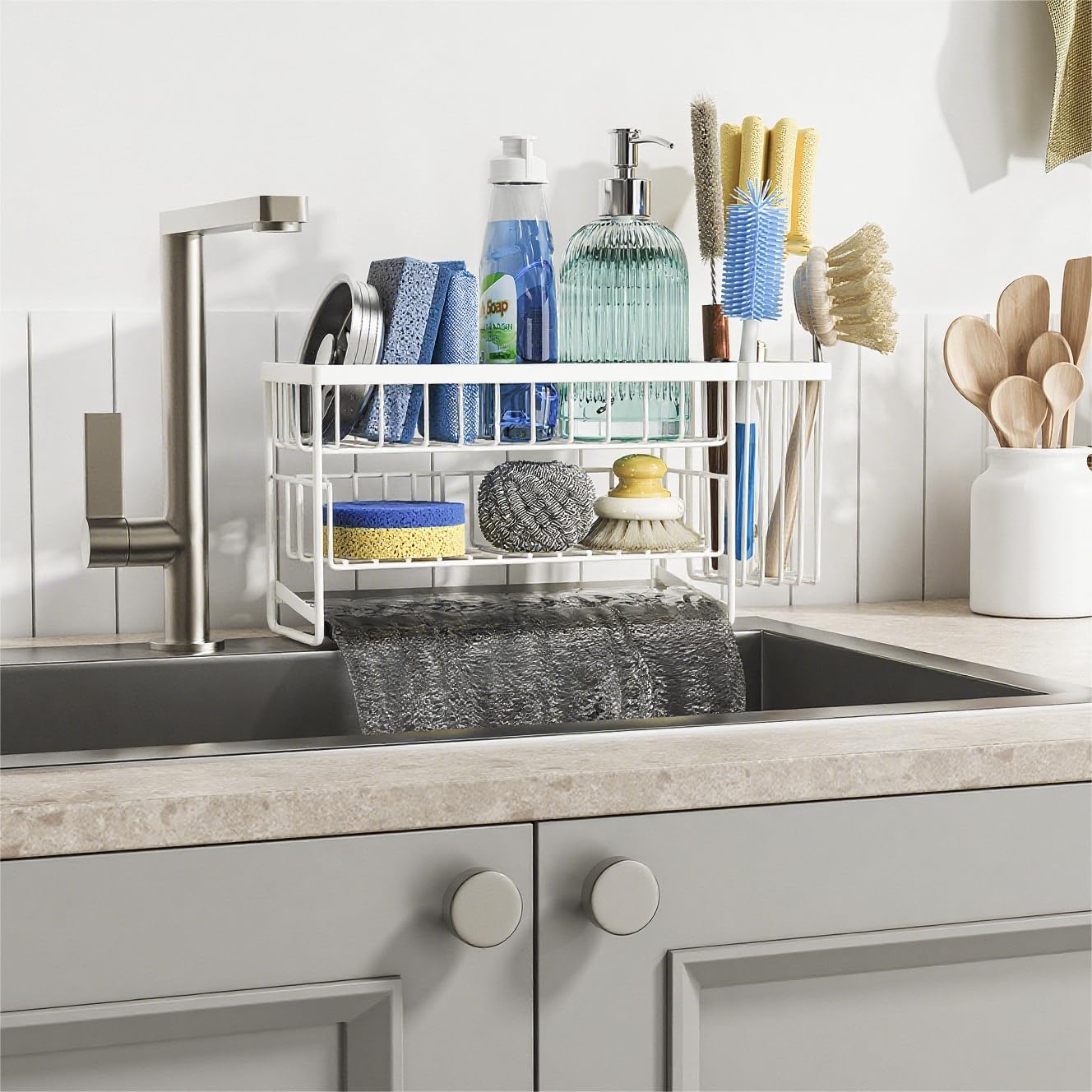 Cisily White 2-Tier Kitchen Sink Caddy Organzier Rack with Flexible Dish Brush Holder, Sponge