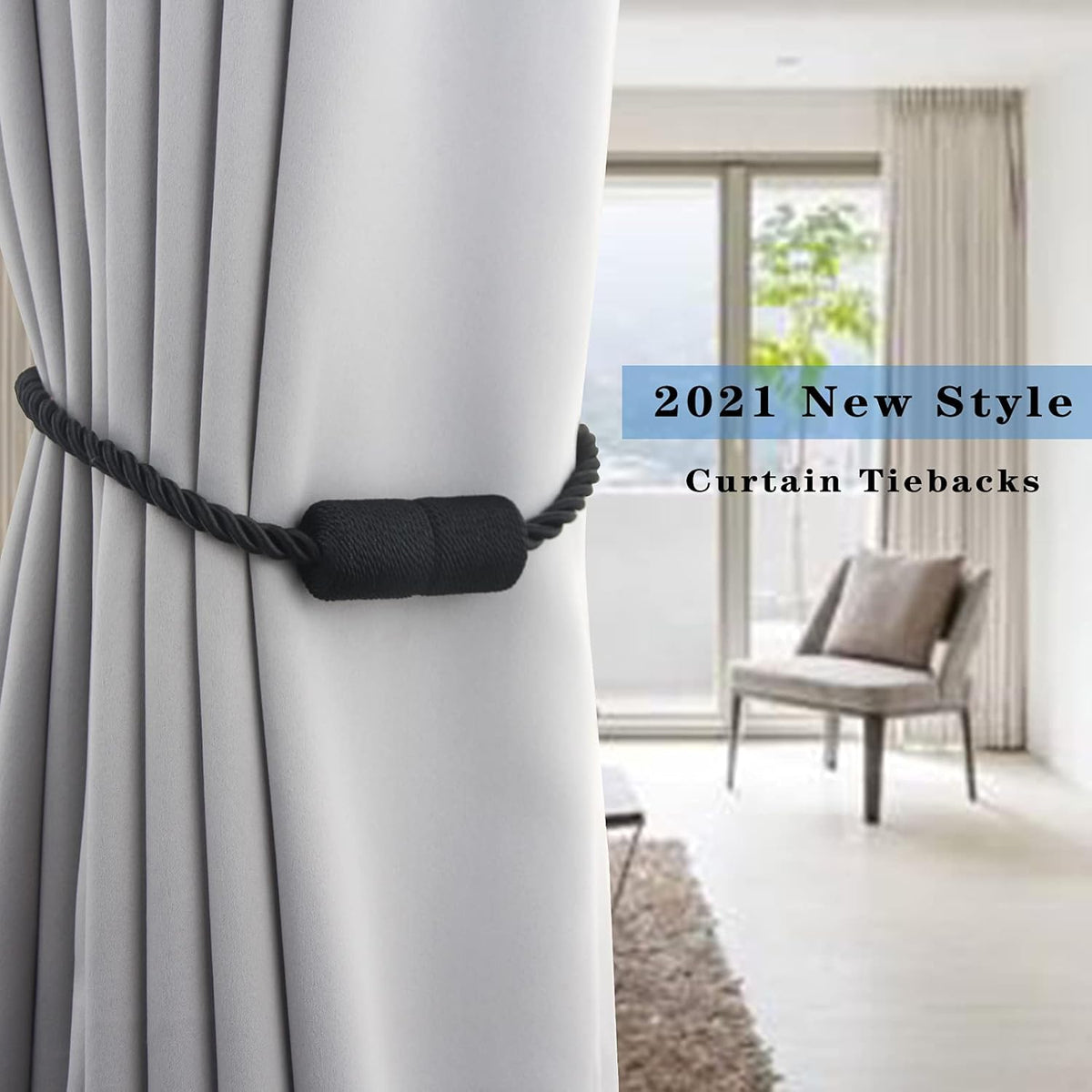 2 Pack Black Strong Magnetic Curtain Tiebacks Outdoor Elegant Decorative Tie Backs Modern Rope