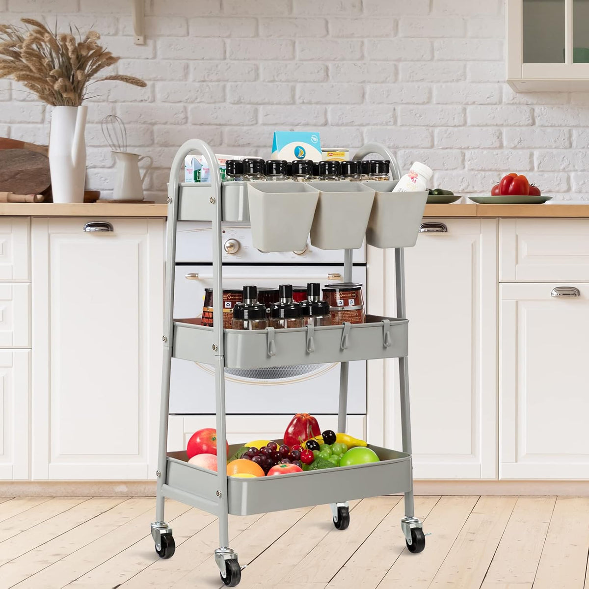 danpinera 3-Tier Rolling Cart, Metal Rolling Storage Cart with Lockable Wheels & Hanging Cups &