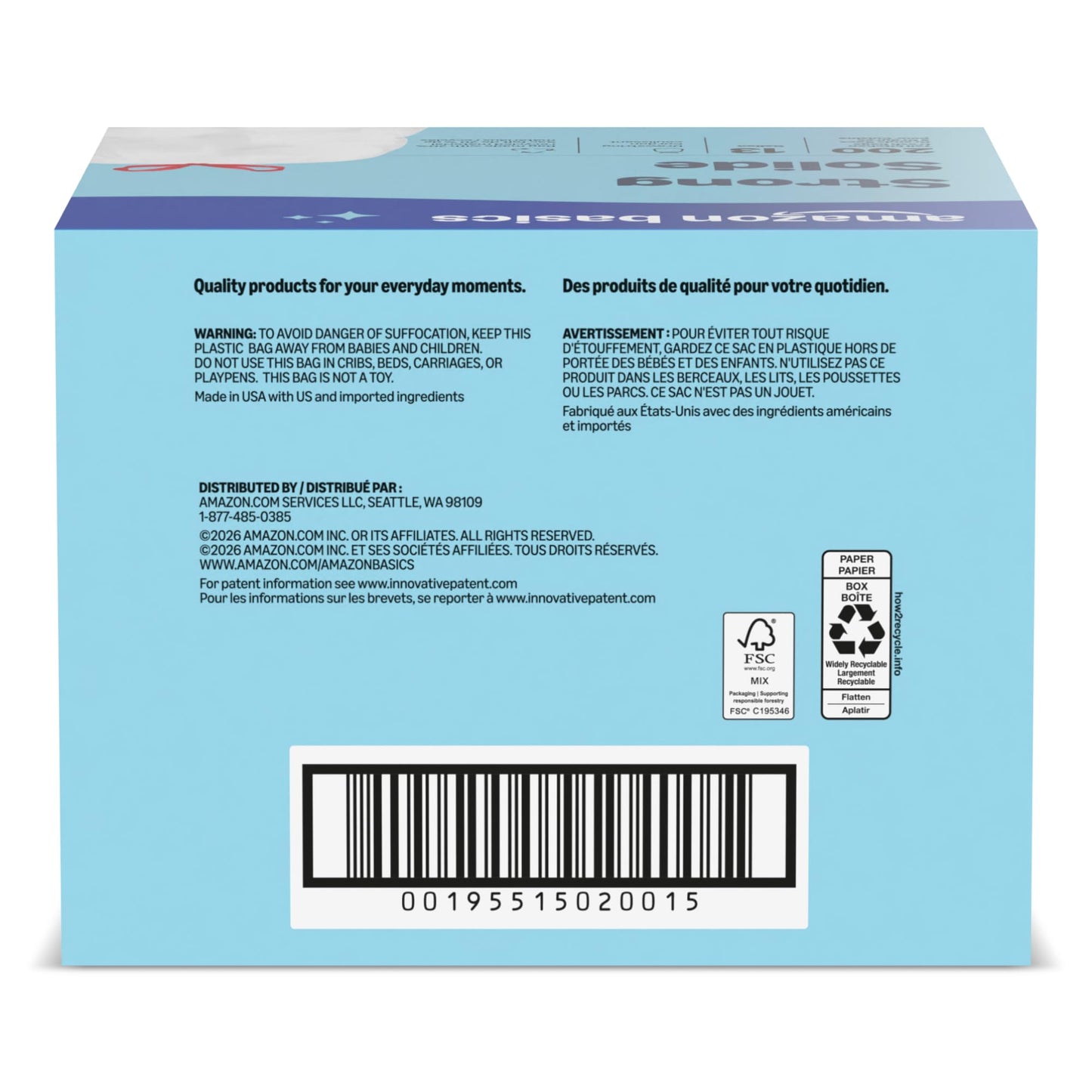 Amazon Basics Trash Bags, Tall Kitchen Drawstring, Unscented, 13 Gallon, 200 Count, Pack of 1