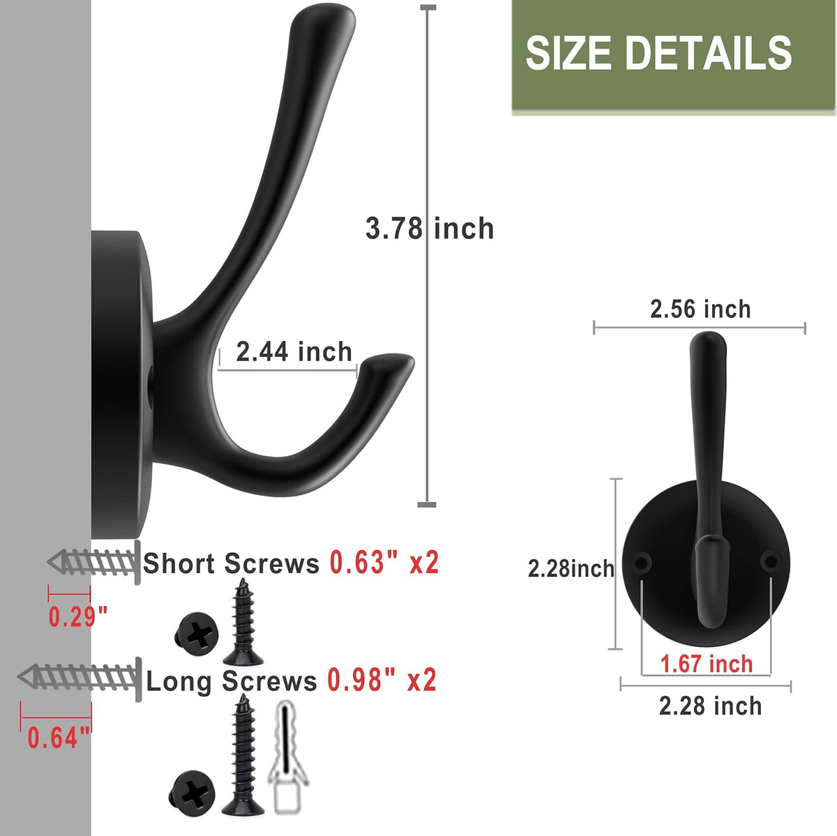 Matte Black Wall Hooks, 4 Pack Heavy Duty Coat Towel Hook Metal Double Backpack Hook Wall Mounted