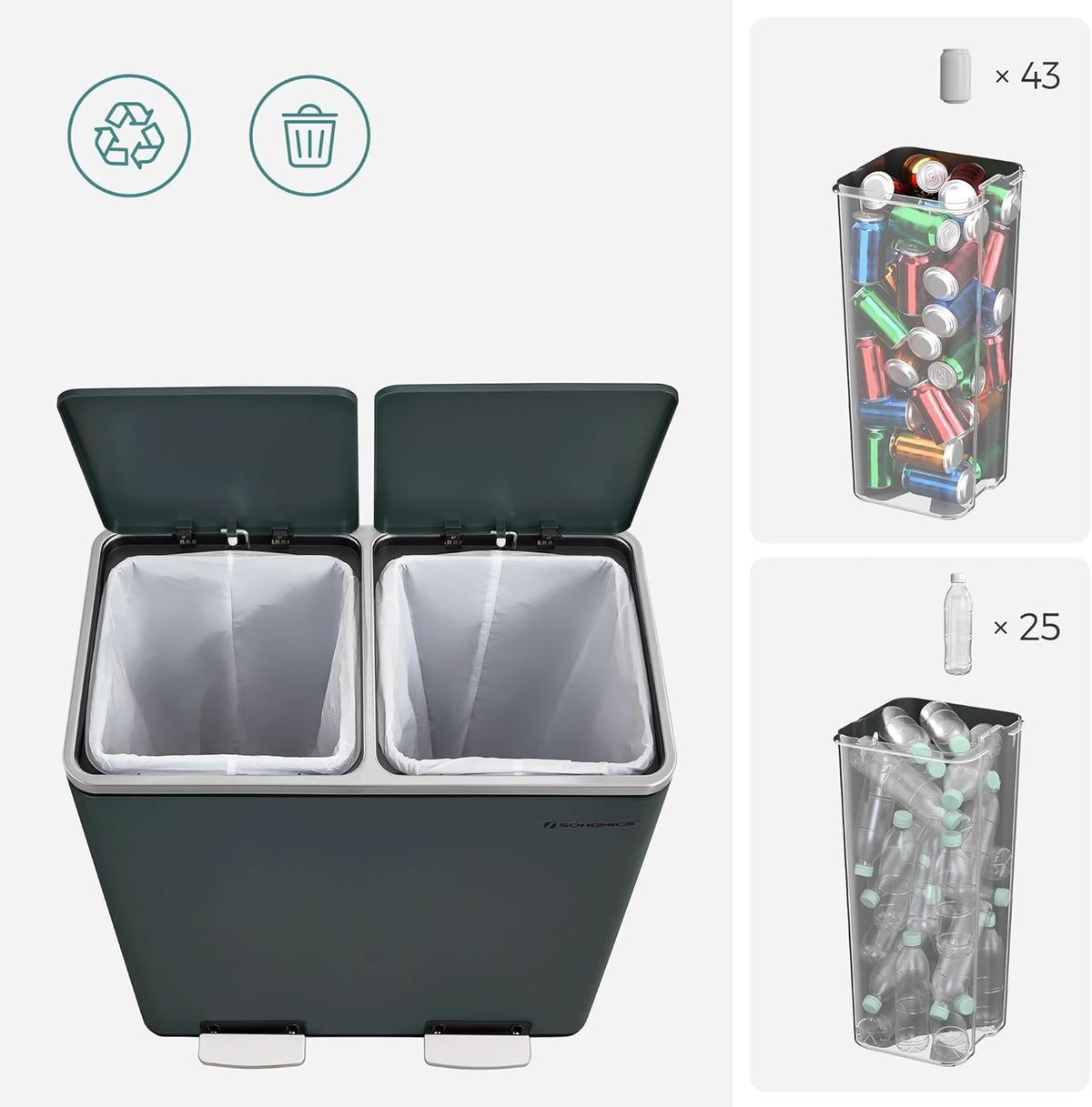 SONGMICS Trash Can, 2 x 8 Gallon (2 x 30 L) Garbage Can for Kitchen, with 15 Trash Bags, 2