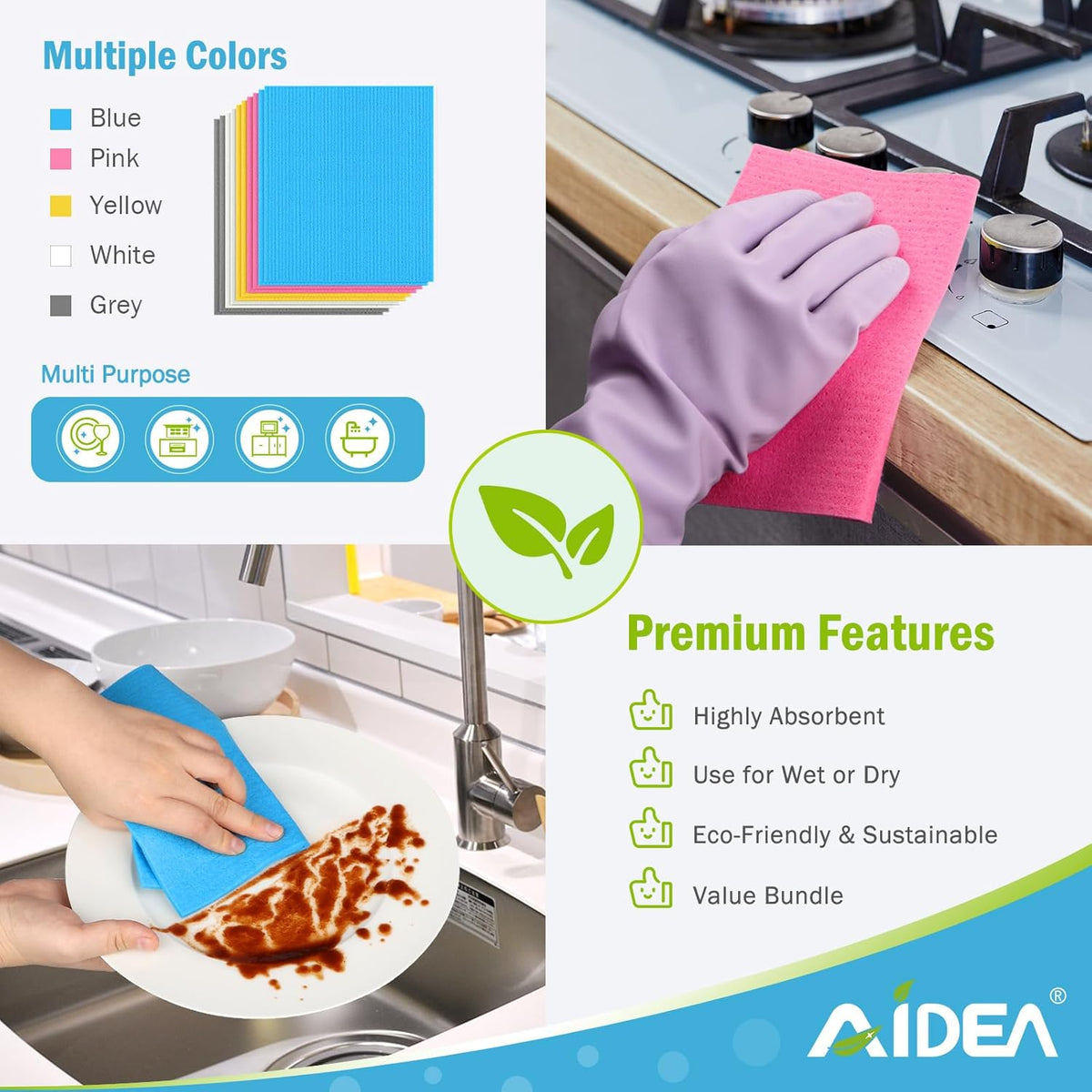 AIDEA Swedish Dishcloths for Kitchen-20PK, Absorbent Sponge Dish Cloth, Dishcloths for Washing