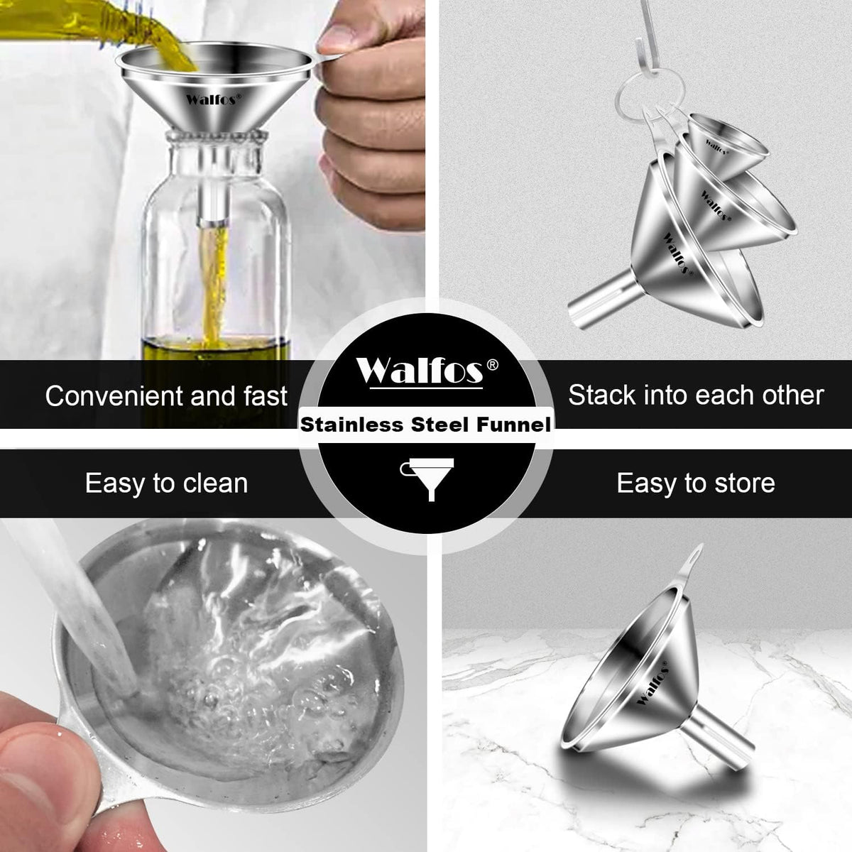WALFOS Mini Stainless Steel Funnels, Multi-use Small Kitchen Funnel Set, for Transferring Liquid