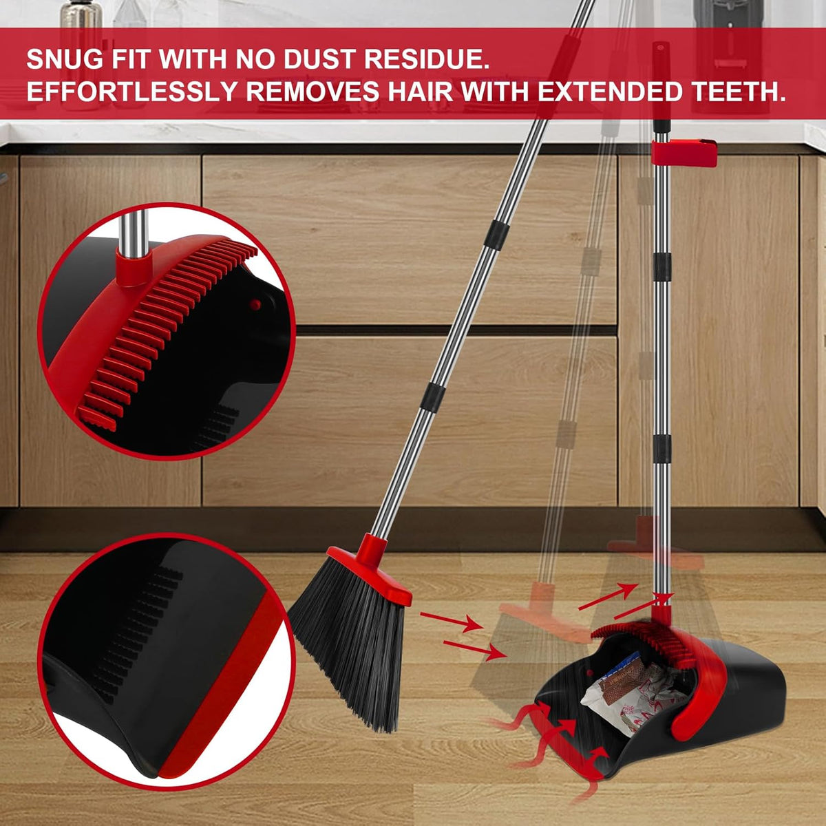 Broom and Dustpan Set, Large Household Broom with Dustpan Combo Set, 55 Inch Long Handle, Red Dust