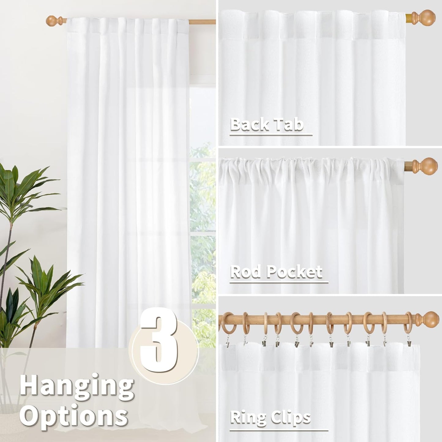 YoungsTex 84 Inch Length White Linen Curtains for Living Room, Semi Sheer Drapes with Rod Pocket