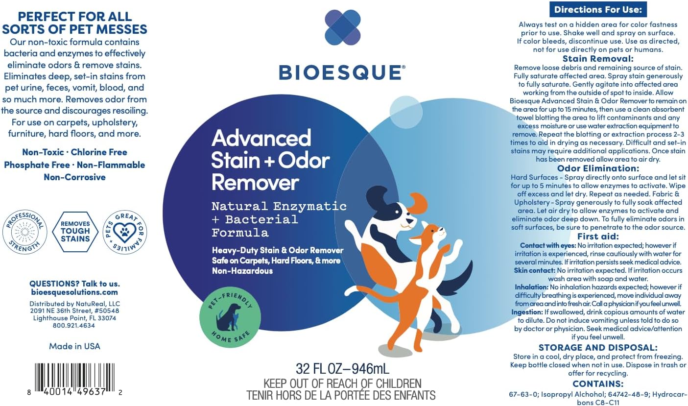 Bioesque Advanced Stain + Odor Remover, Pet-Friendly Natural Enzymatic & Bacterial Formula