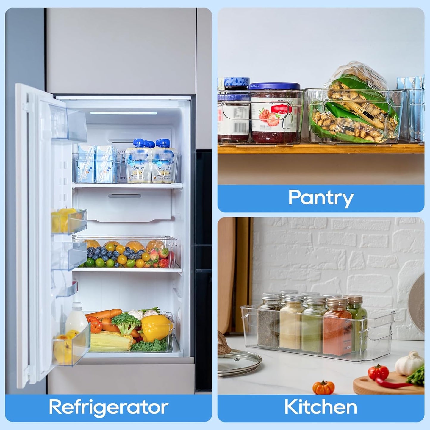 JollyPack 8 Pack Clear Plastic Storage Bins, Pantry Organizers and Storage with Handles, Clear